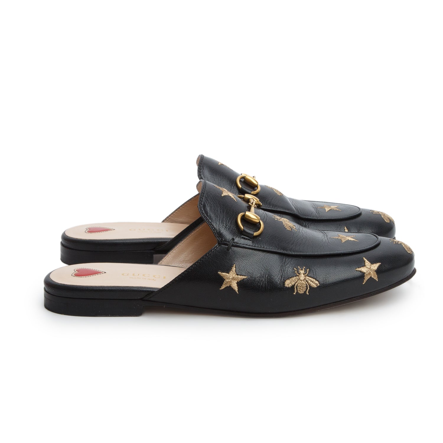 Gucci Black Goatskin Bee Star Embroidered Princetown Mules, Women's Size 37.5 w/ Box