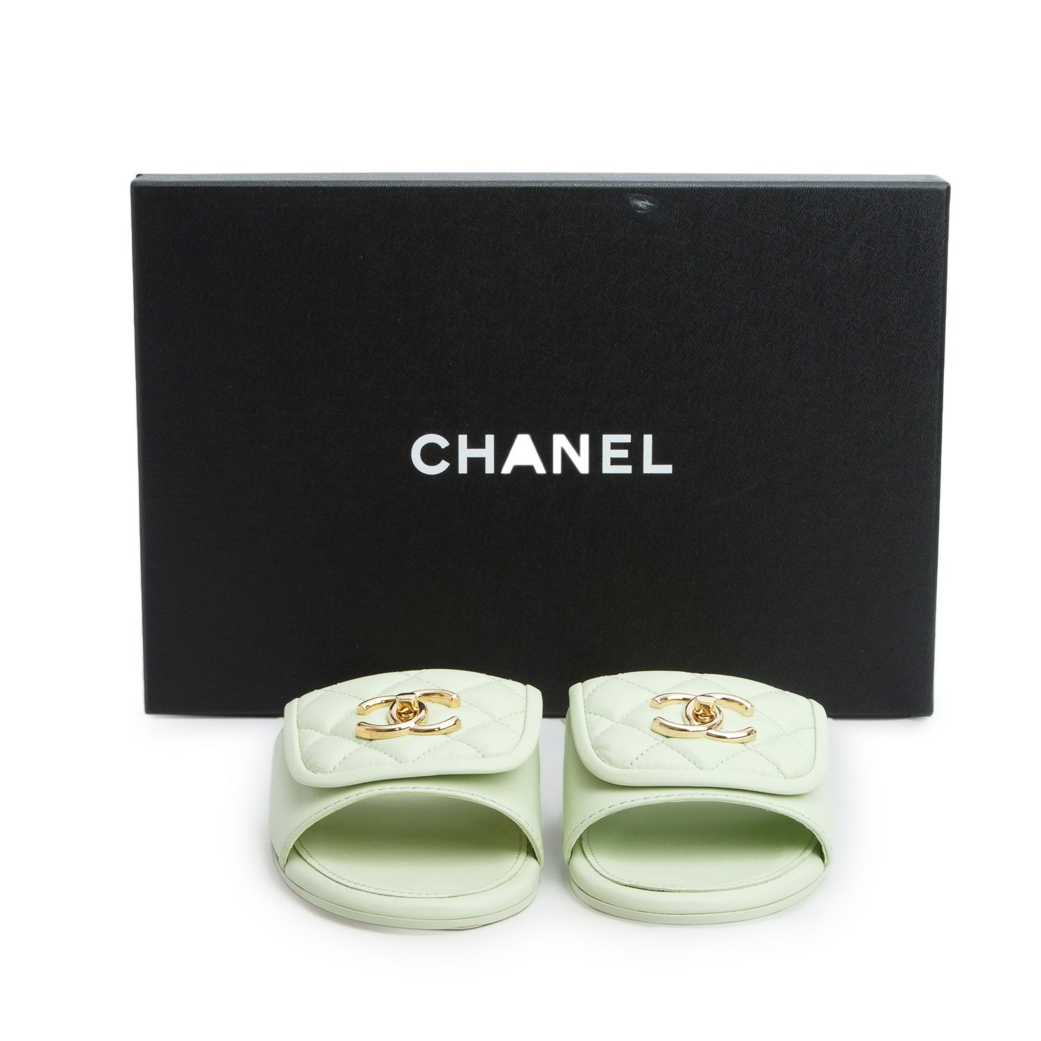 Chanel Green Lambskin Quilted Turnlock Flat Mules, Women's Size 36 w/ Box