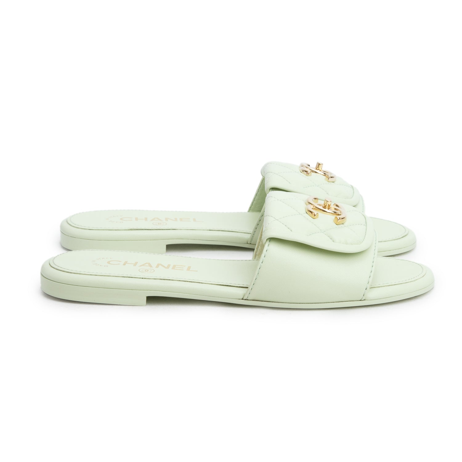 Chanel Green Lambskin Quilted Turnlock Flat Mules, Women's Size 36 w/ Box