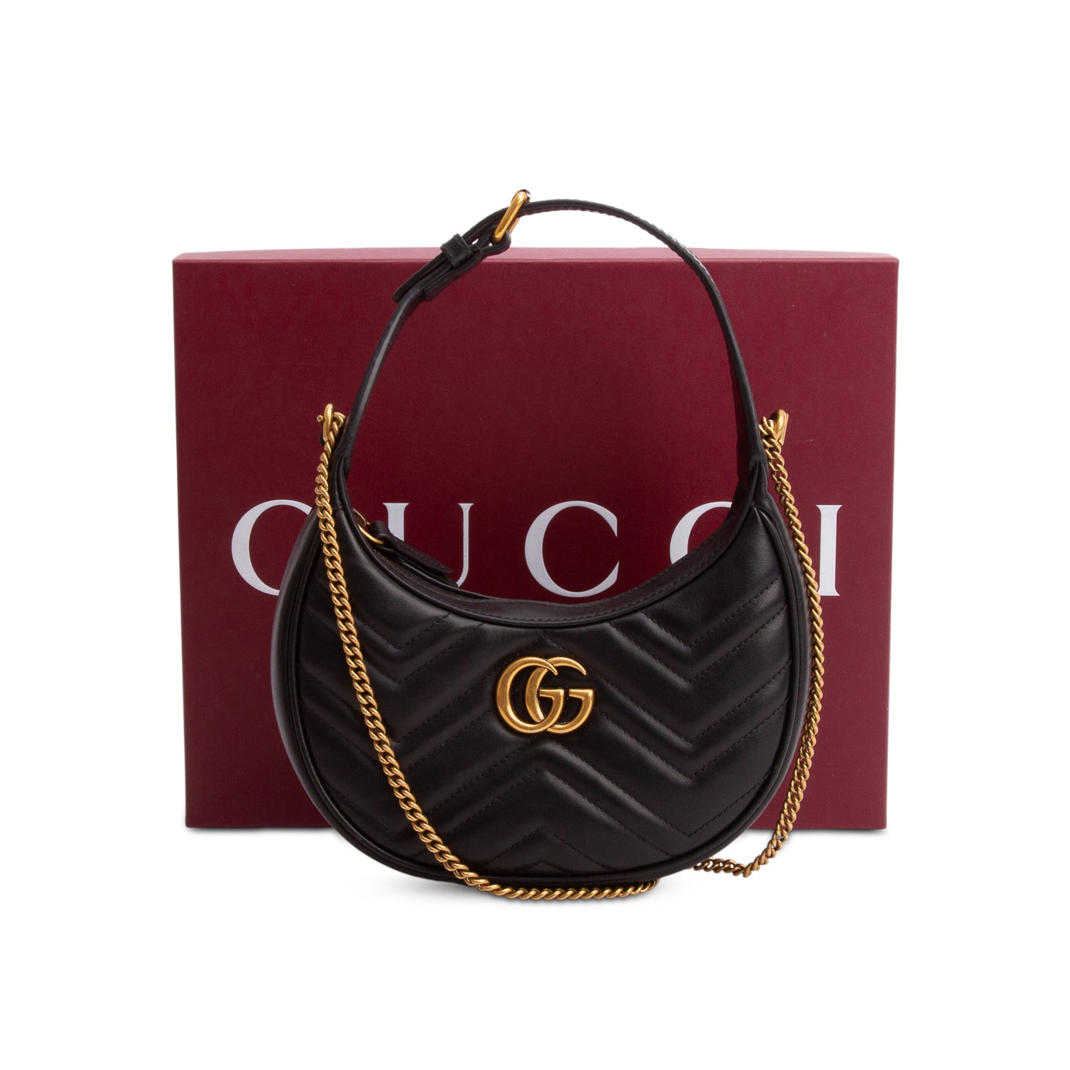 Gucci Black Calfskin Matelasse Chevron Mini GG Marmont Half Moon Hobo w/ Box & Strap