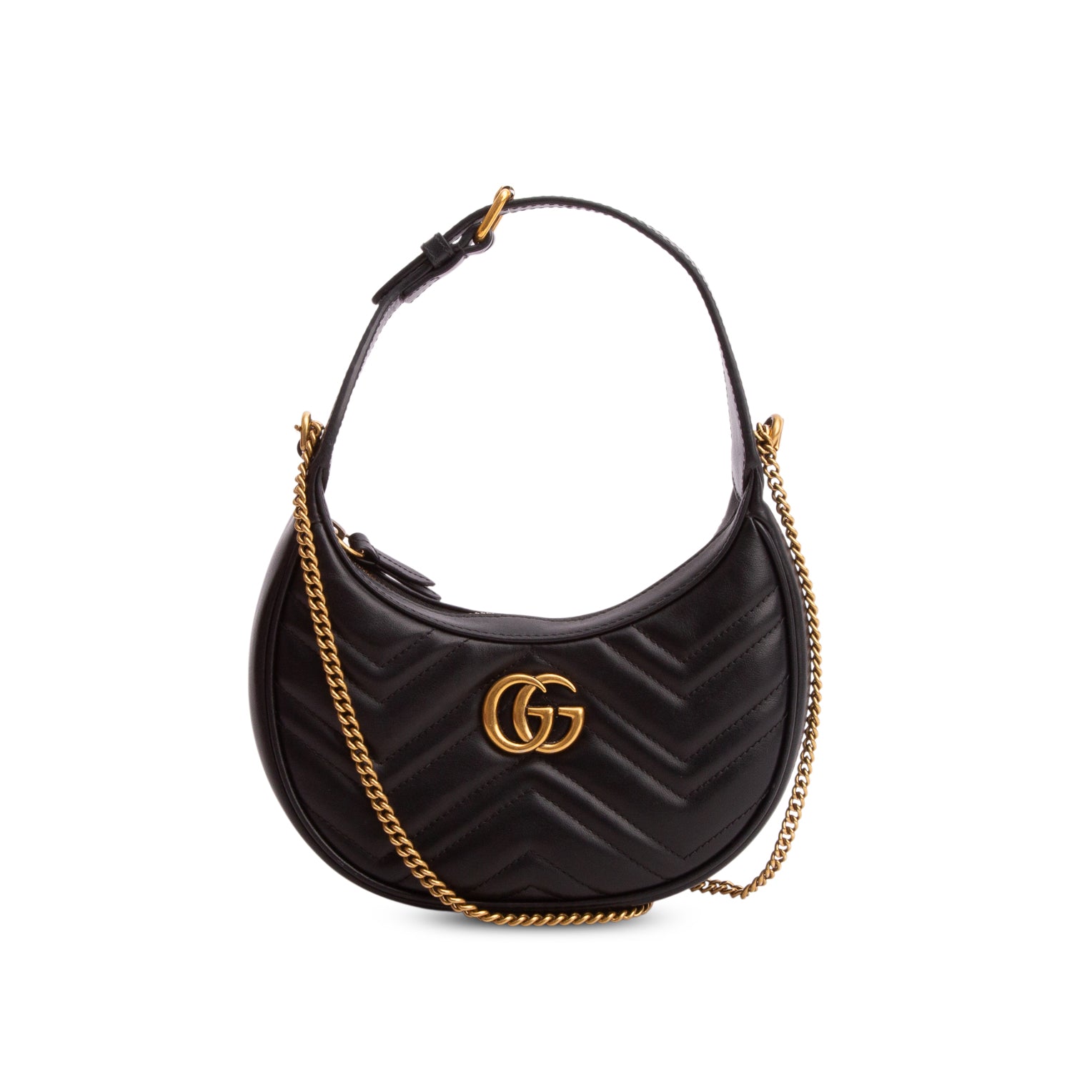Gucci Black Calfskin Matelasse Chevron Mini GG Marmont Half Moon Hobo w/ Box & Strap