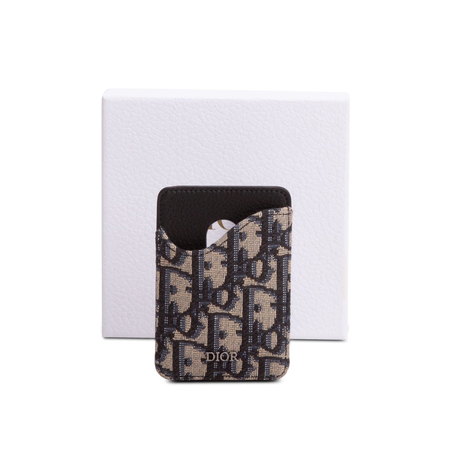 Christian Dior 2024 Blue Oblique Jacquard Grained Calfskin Saddle Magnetic Card Holder w/ Box