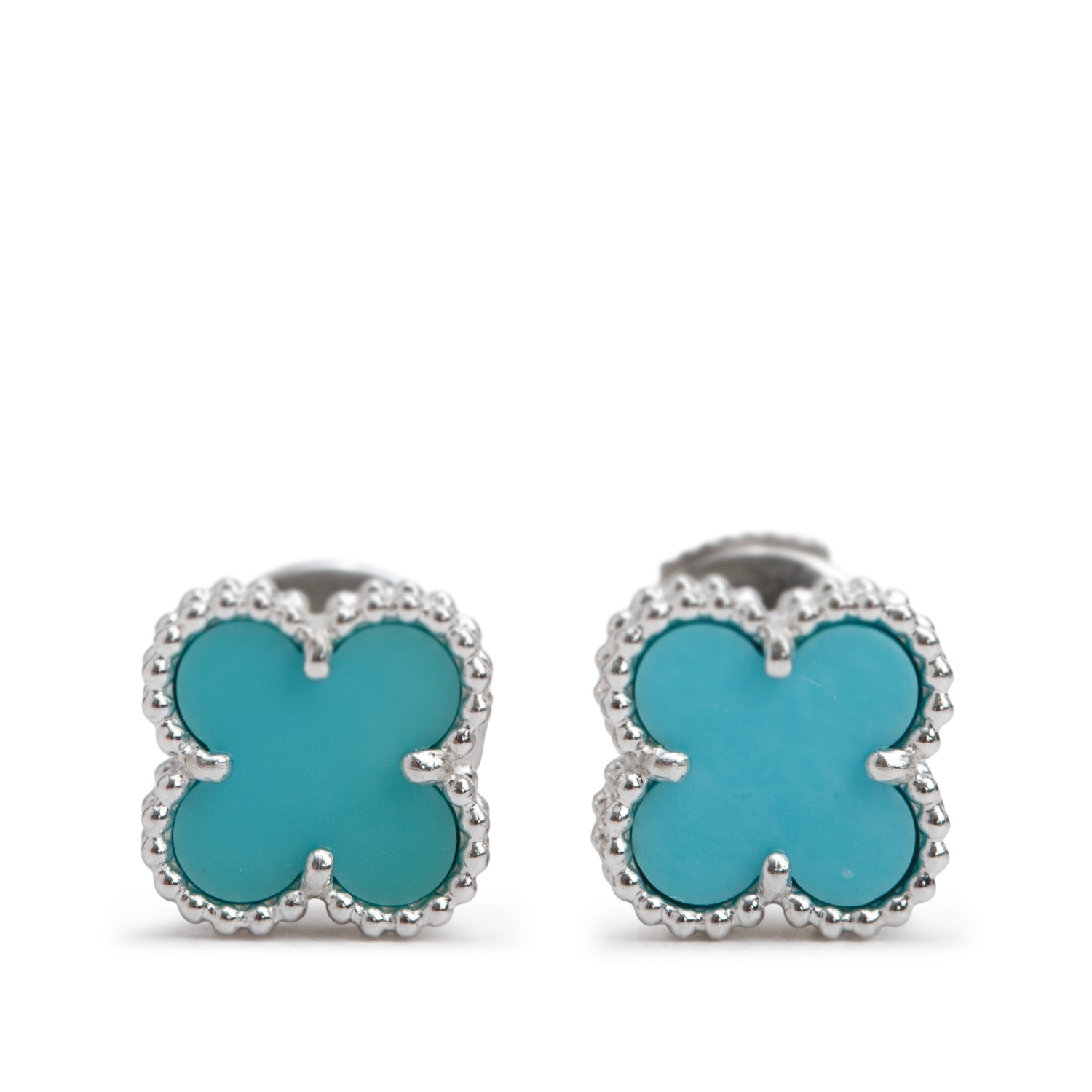 Van Cleef & Arpels 18k White Gold Sweet Alhambra Turquoise Stud Earrings w/ Box & Certificate