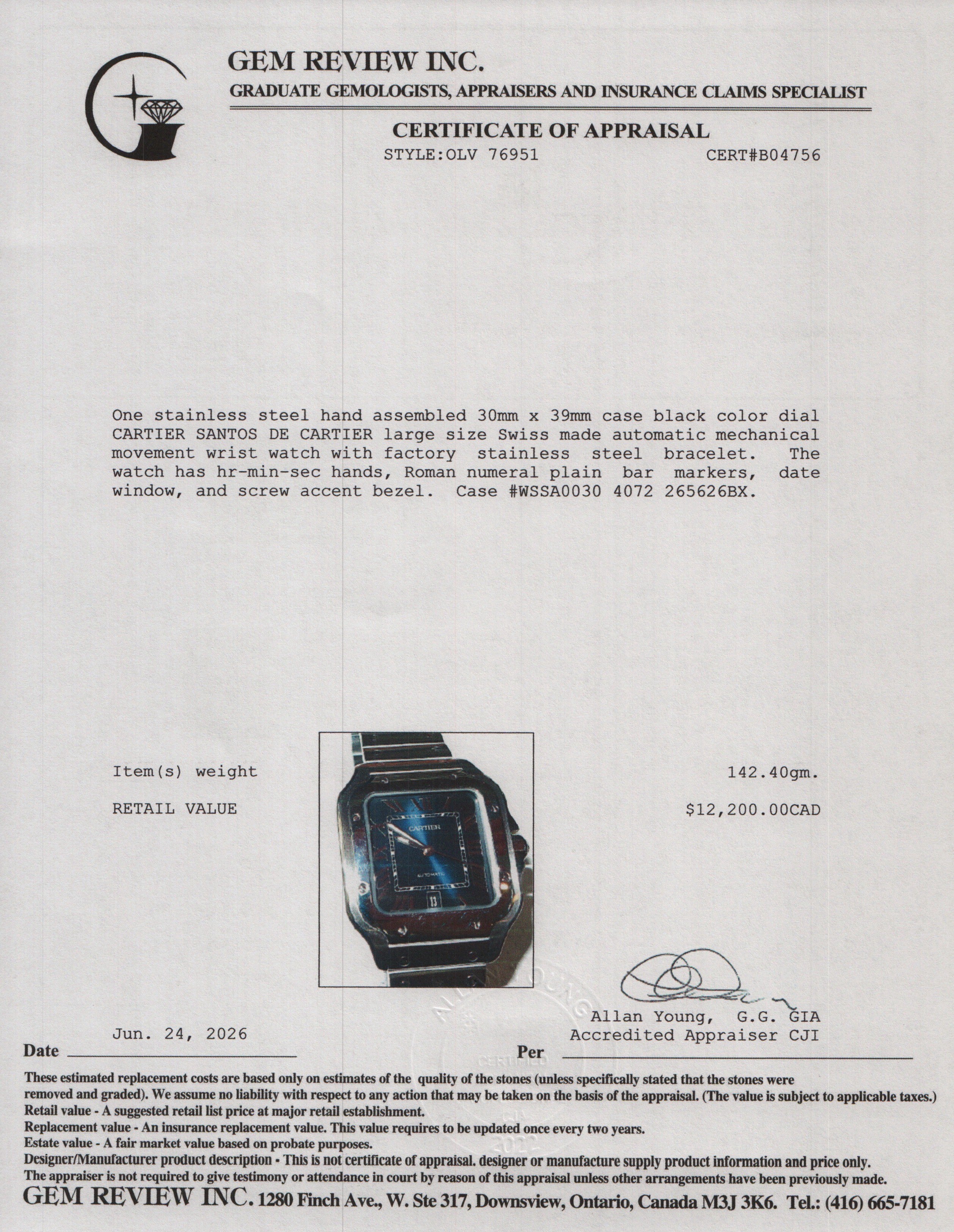 Cartier 2021 Stainless Steel Santos de Cartier Automatic Watch, Large Model Blue Dial 4072 w/ Box & Papers