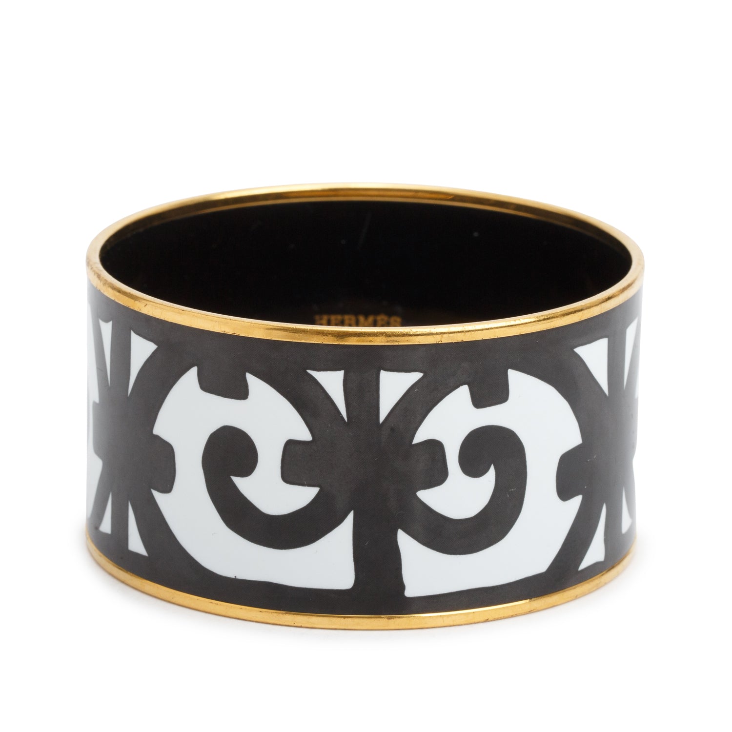 Hermes Gold-Plated Black/White 'Balcons Du Guadalquivir' Enamel Extra Wide Bangle