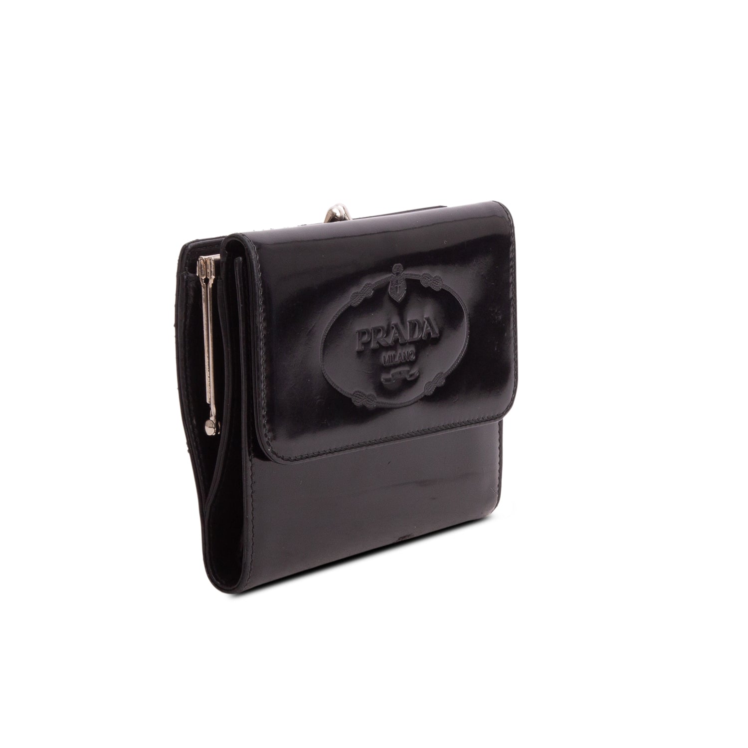 Prada Black Spazzolato Trifold Compact Wallet w/ Box