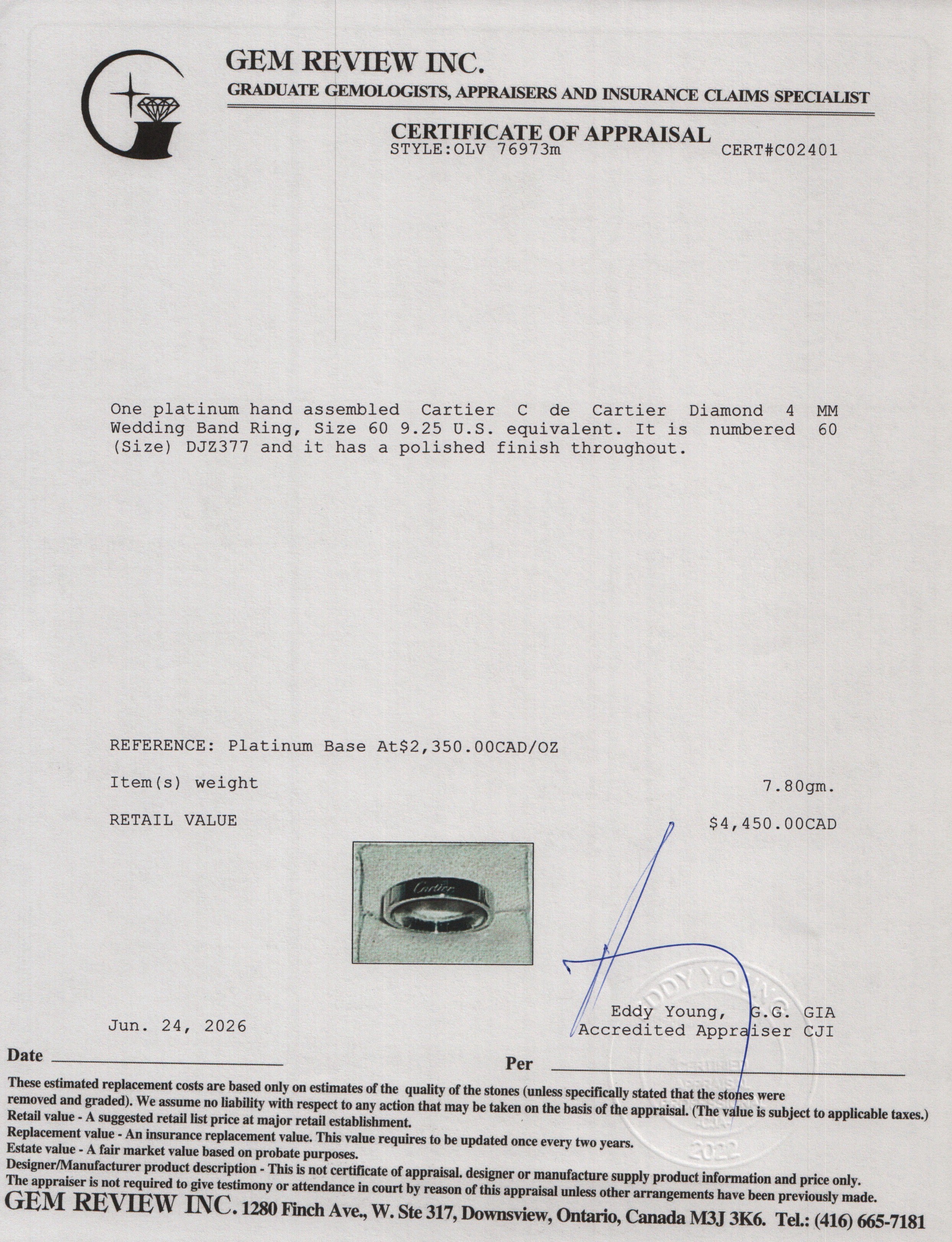 Cartier Platinum C de Cartier 4 MM Wedding Band Ring, Size 60 9.25