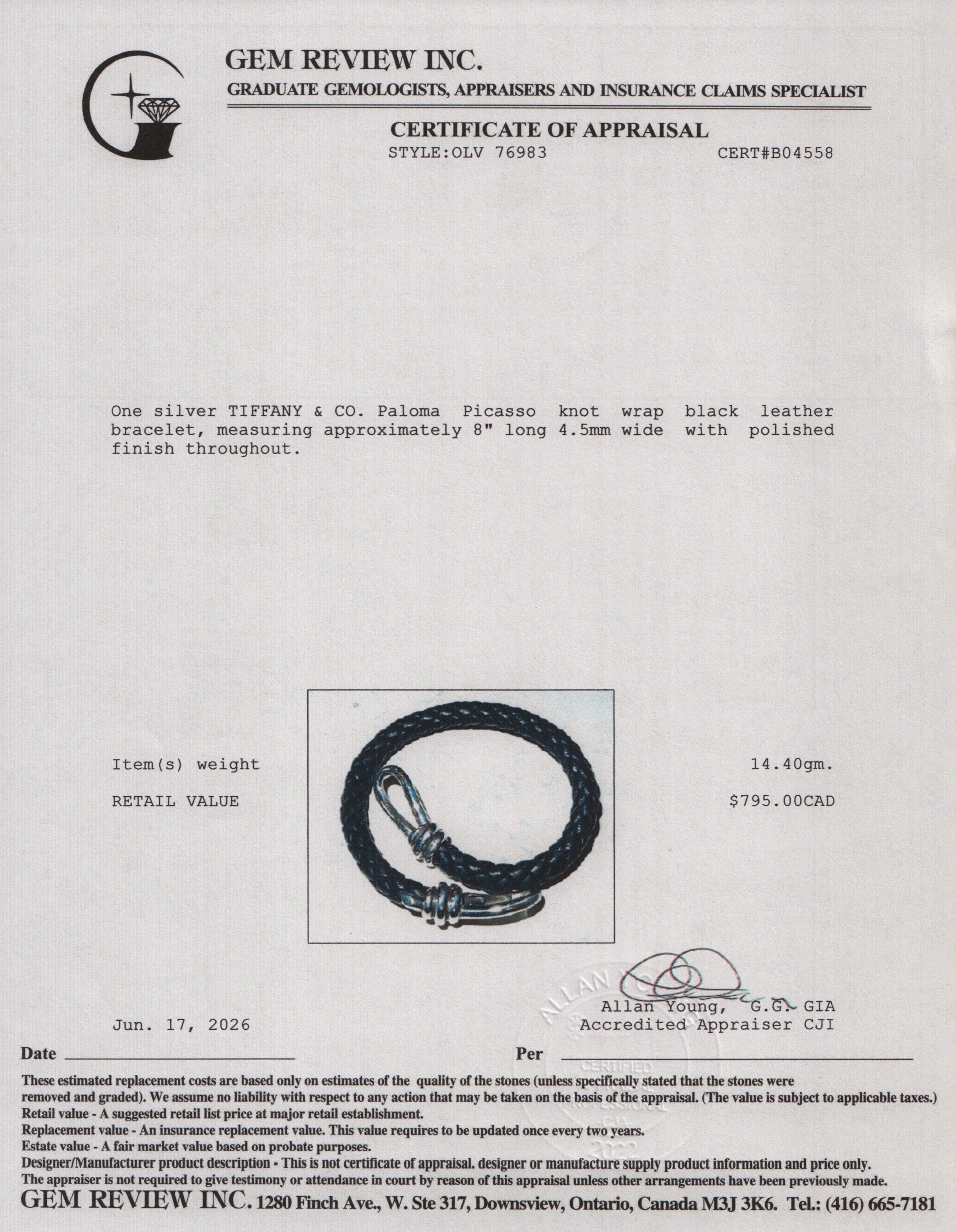 Tiffany & Co. Paloma Picasso Sterling Silver Knot Wrap Black Leather Bracelet