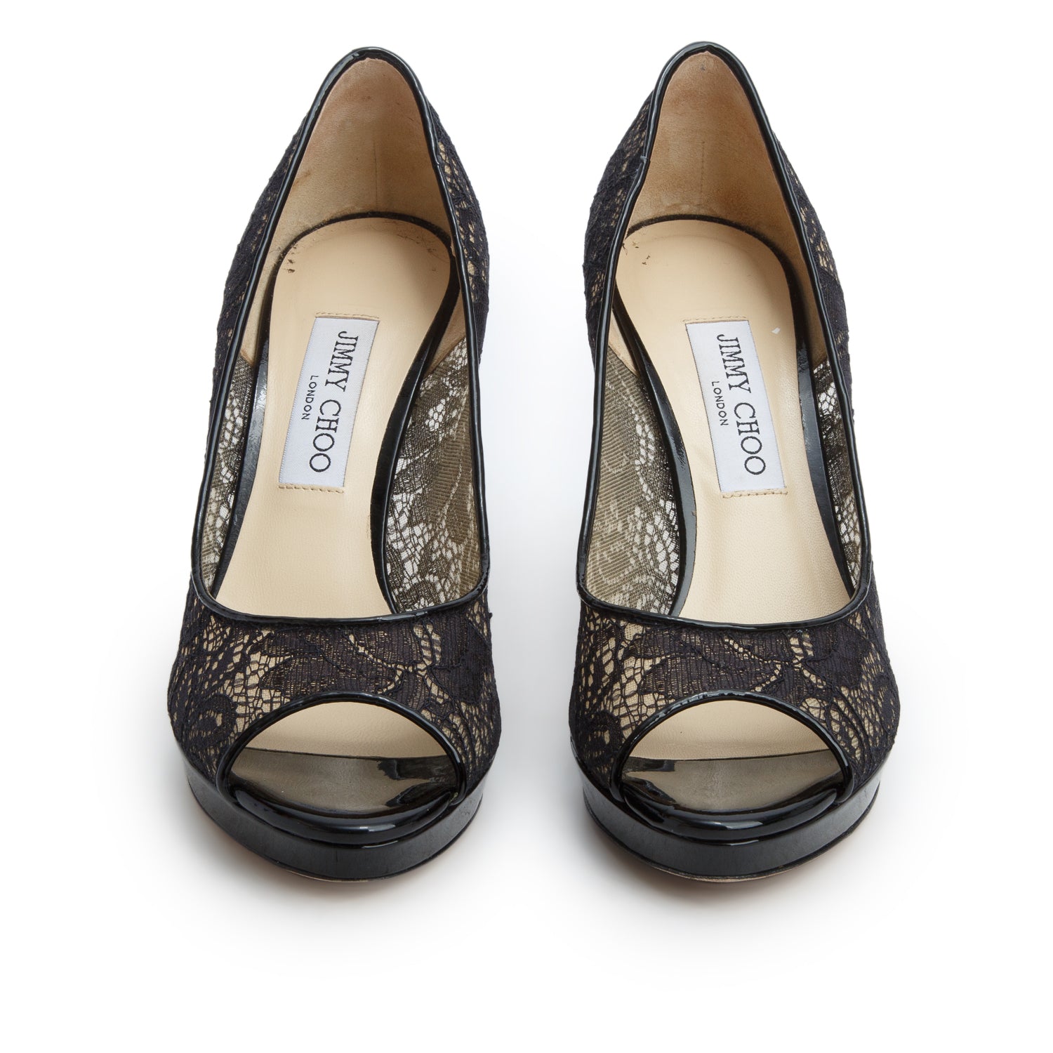 Jimmy Choo Black Lace Luna Peep Toe Pumps, Size 39 w/ Box