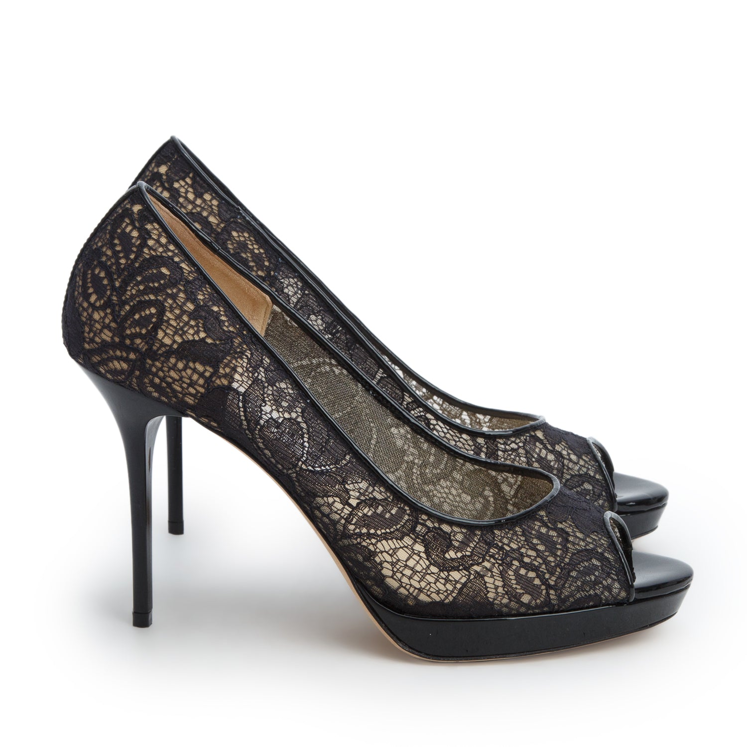 Jimmy Choo Black Lace Luna Peep Toe Pumps, Size 39 w/ Box
