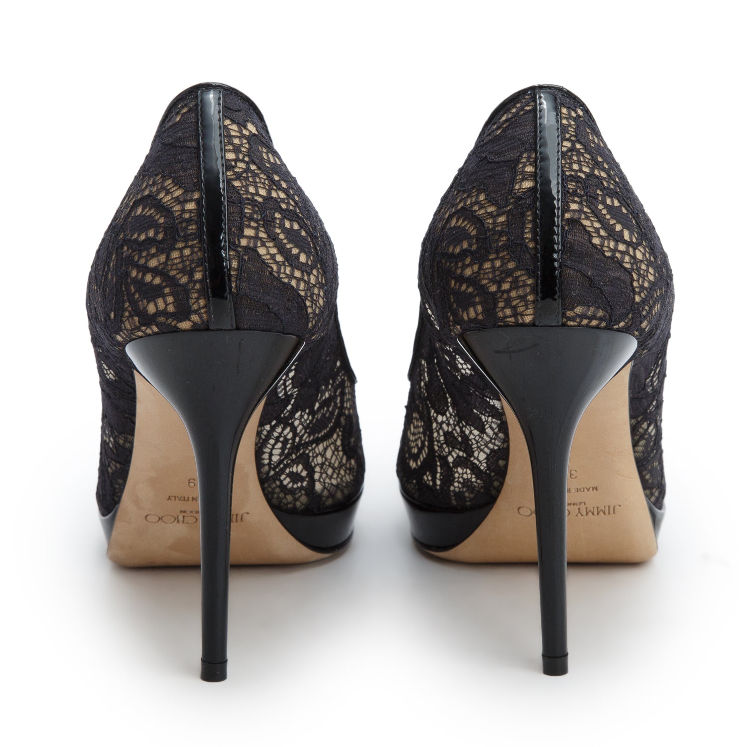 Jimmy Choo Black Lace Luna Peep Toe Pumps, Size 39 w/ Box
