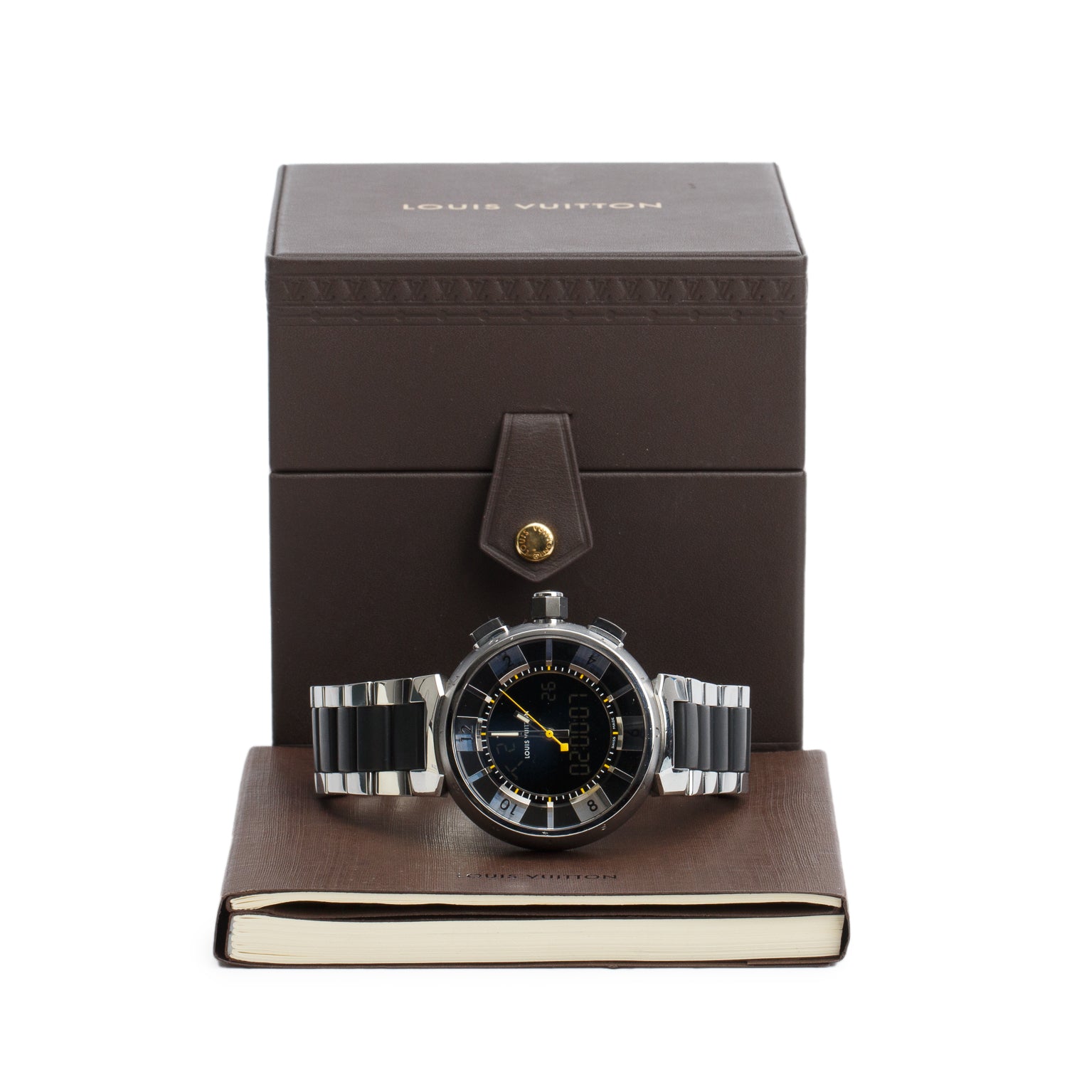 Louis Vuitton Stainless Steel Tambour 41 MM Analog-Digital Quartz Watch Q118F w/ Box