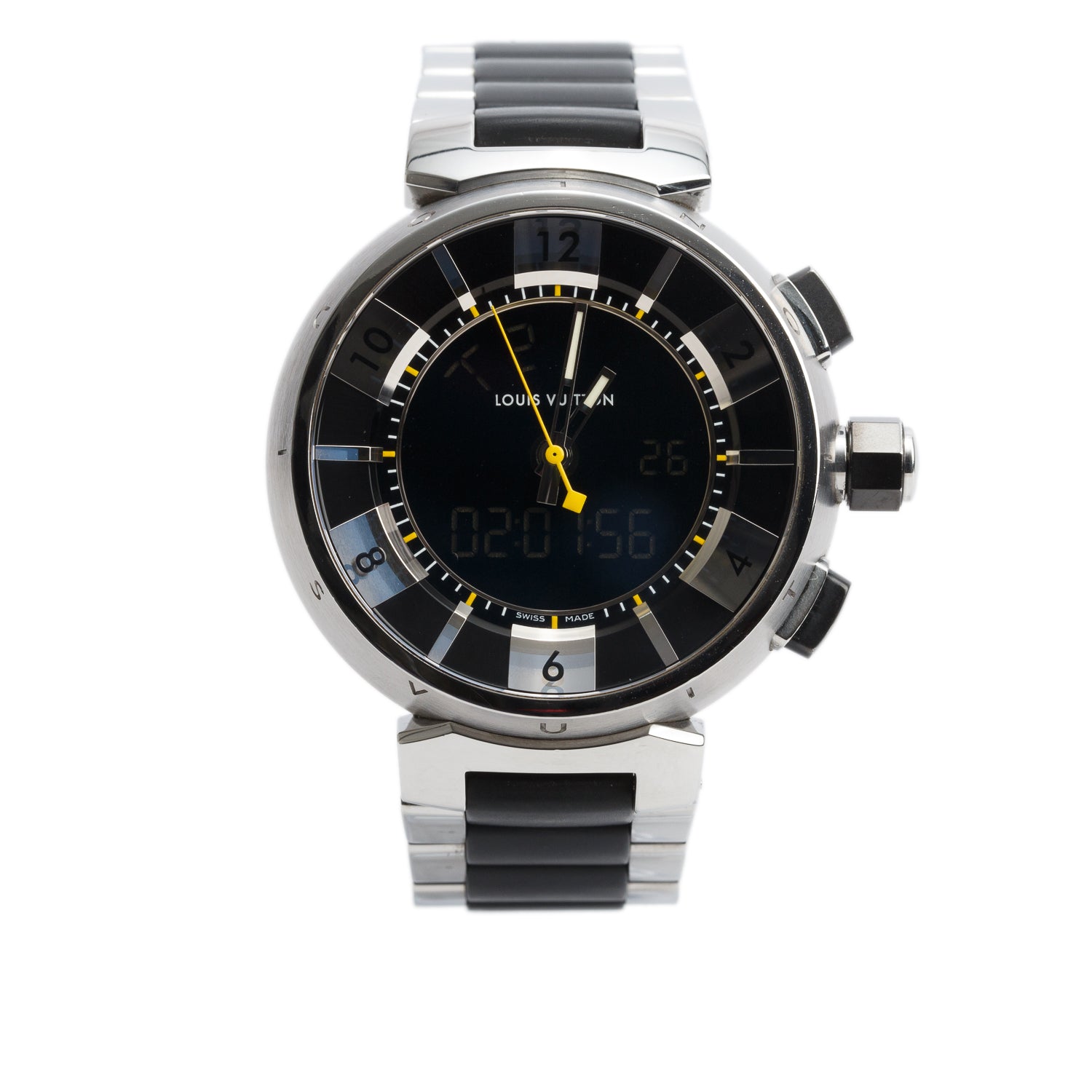 Louis Vuitton Stainless Steel Tambour 41 MM Analog-Digital Quartz Watch Q118F w/ Box