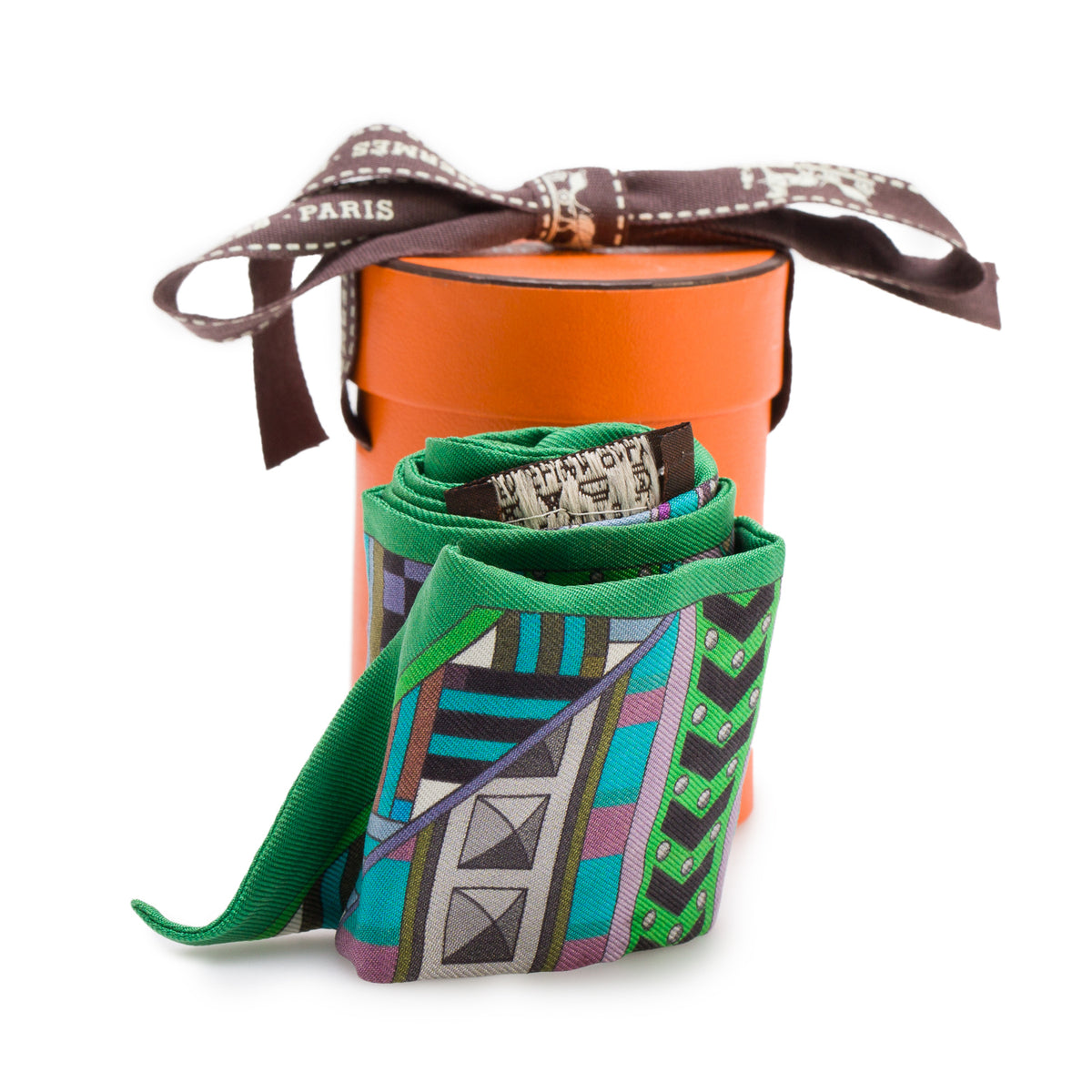 Hermes Green/Multicolor 'Collier de Chiens' Silk Twilly w/ Box & Receipt