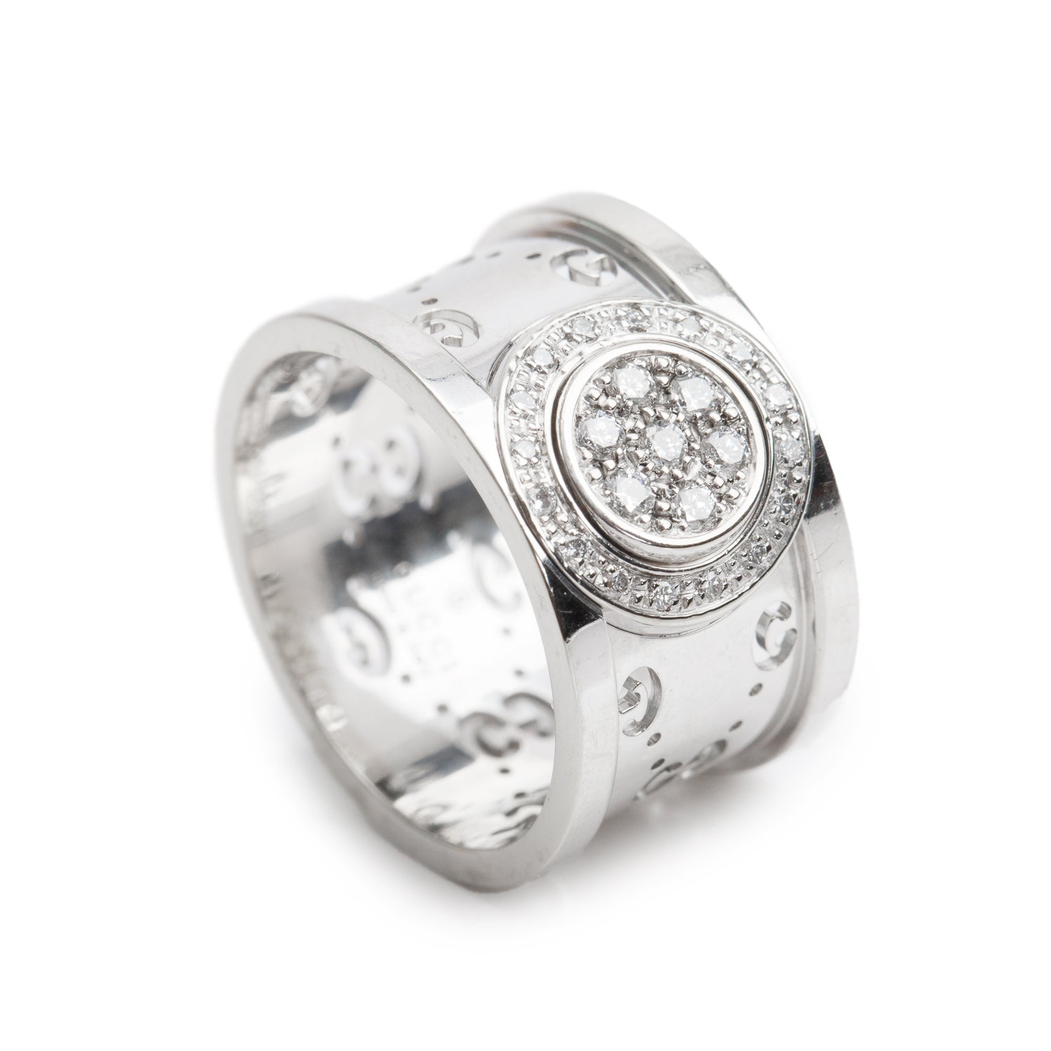 Gucci 18k White Gold Diamond Icon Twirl Ring, Size 9 4.5 w/ Box