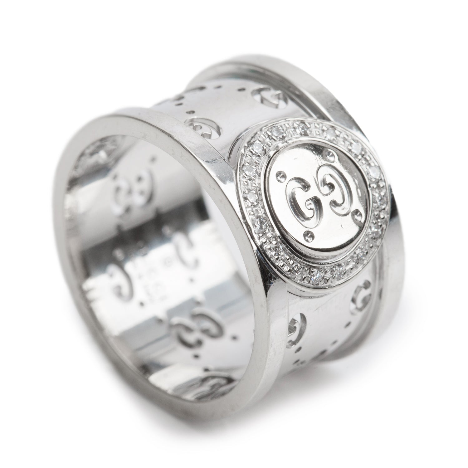 Gucci 18k White Gold Diamond Icon Twirl Ring, Size 9 4.5 w/ Box