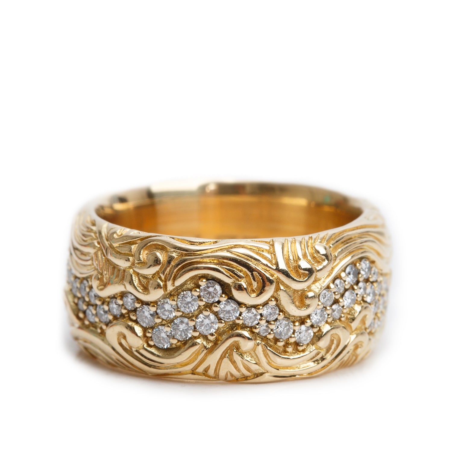 David Yurman 18k Yellow Gold Diamond Waves 10.5 MM Band Ring, Size 8 w/ Box