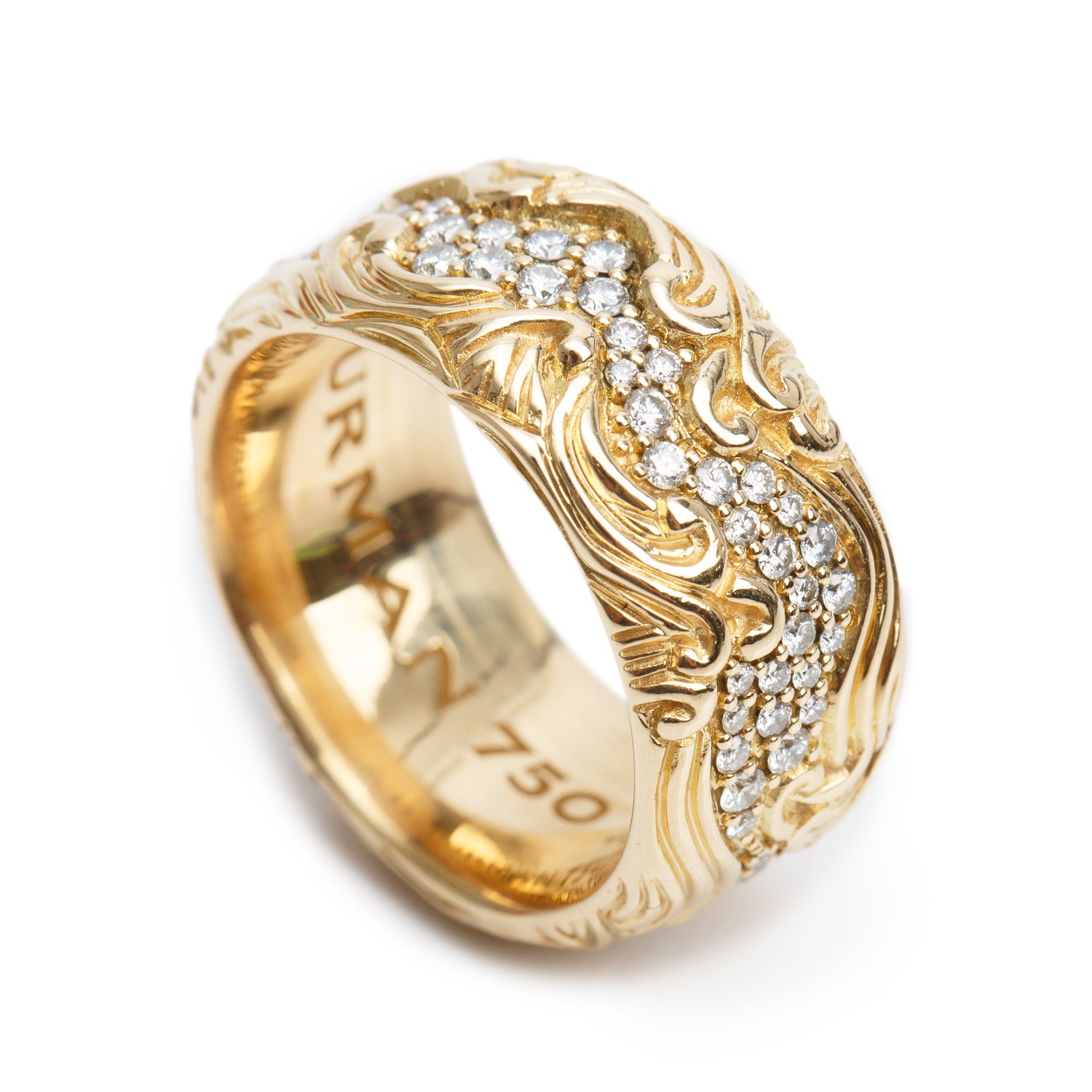 David Yurman 18k Yellow Gold Diamond Waves 10.5 MM Band Ring, Size 8 w/ Box
