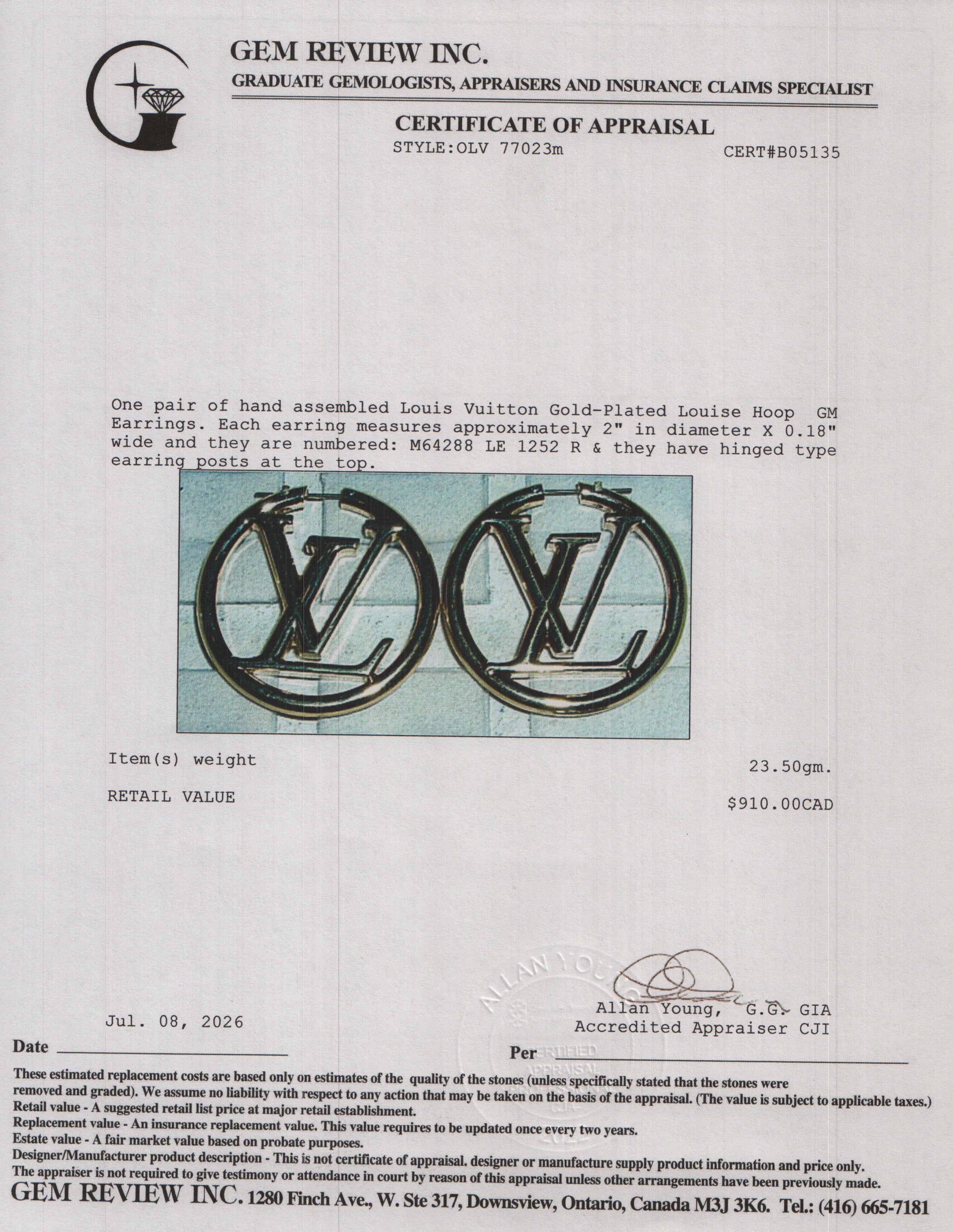 Louis Vuitton 2022 Gold-Plated Louise Hoop GM Earrings