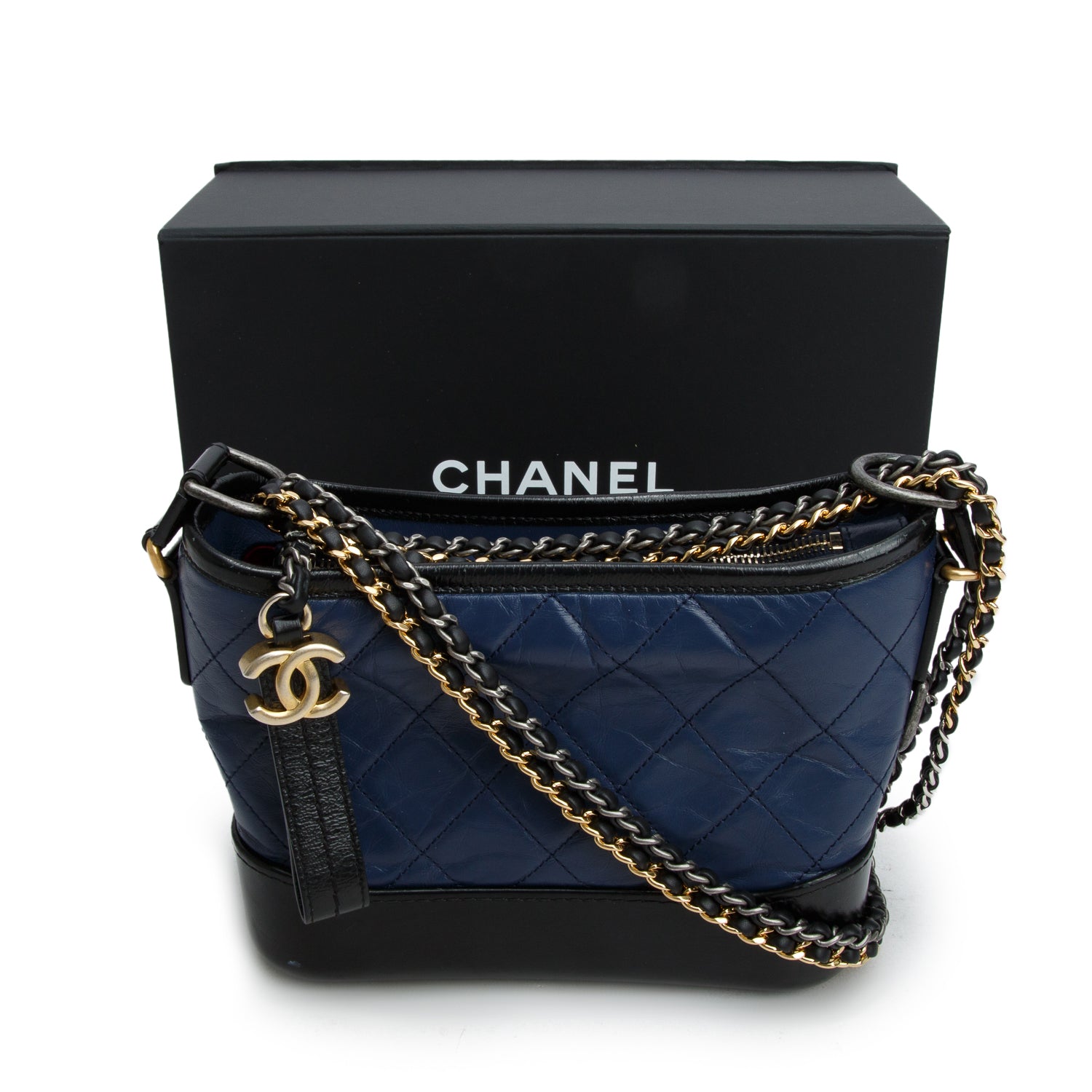 Chanel Blue & Black Aged Lambskin Small Gabrielle Hobo w/ Box & Authenticity Card