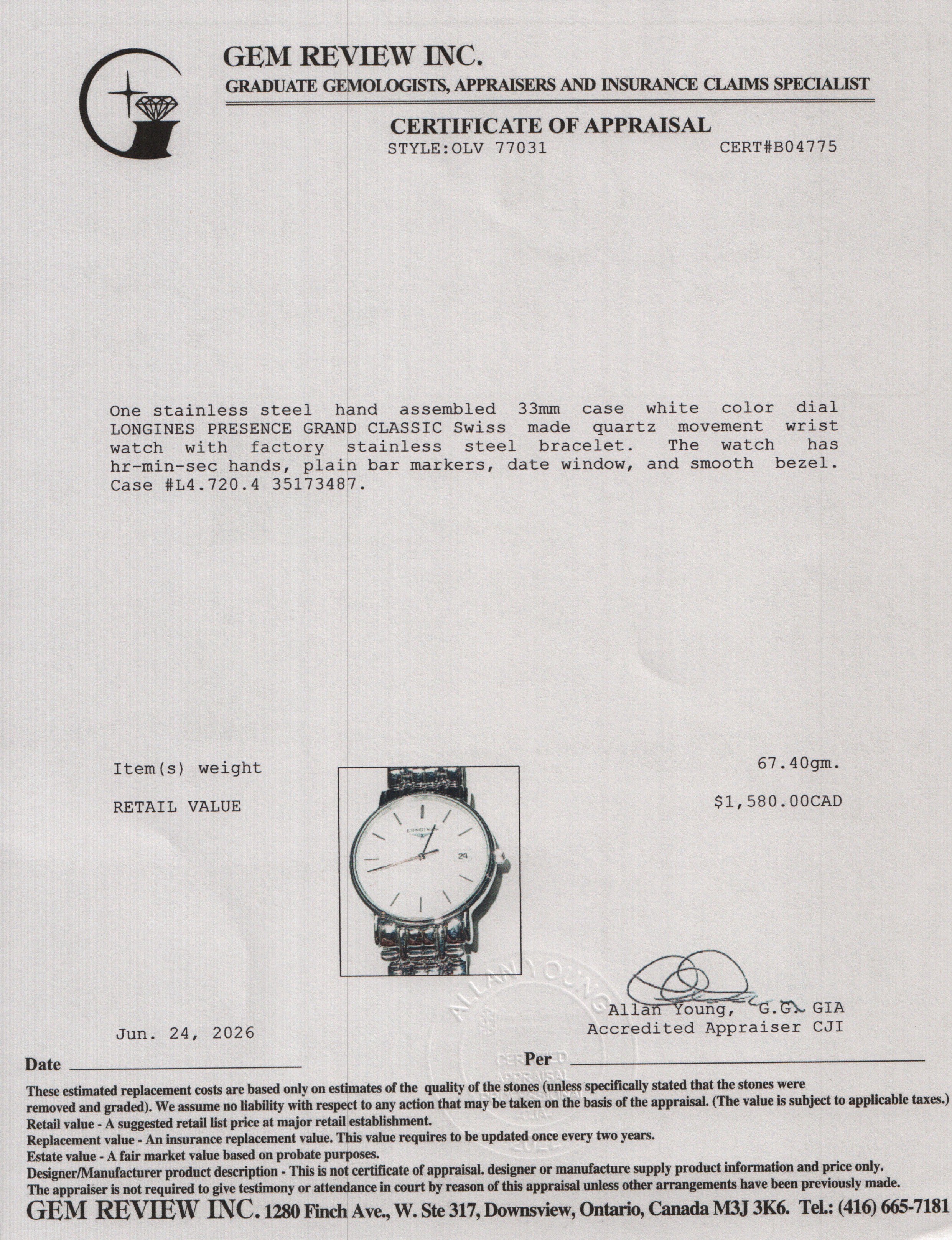Longines Stainless Steel Presence grand Classic 33 MM Quartz Watch White Dial