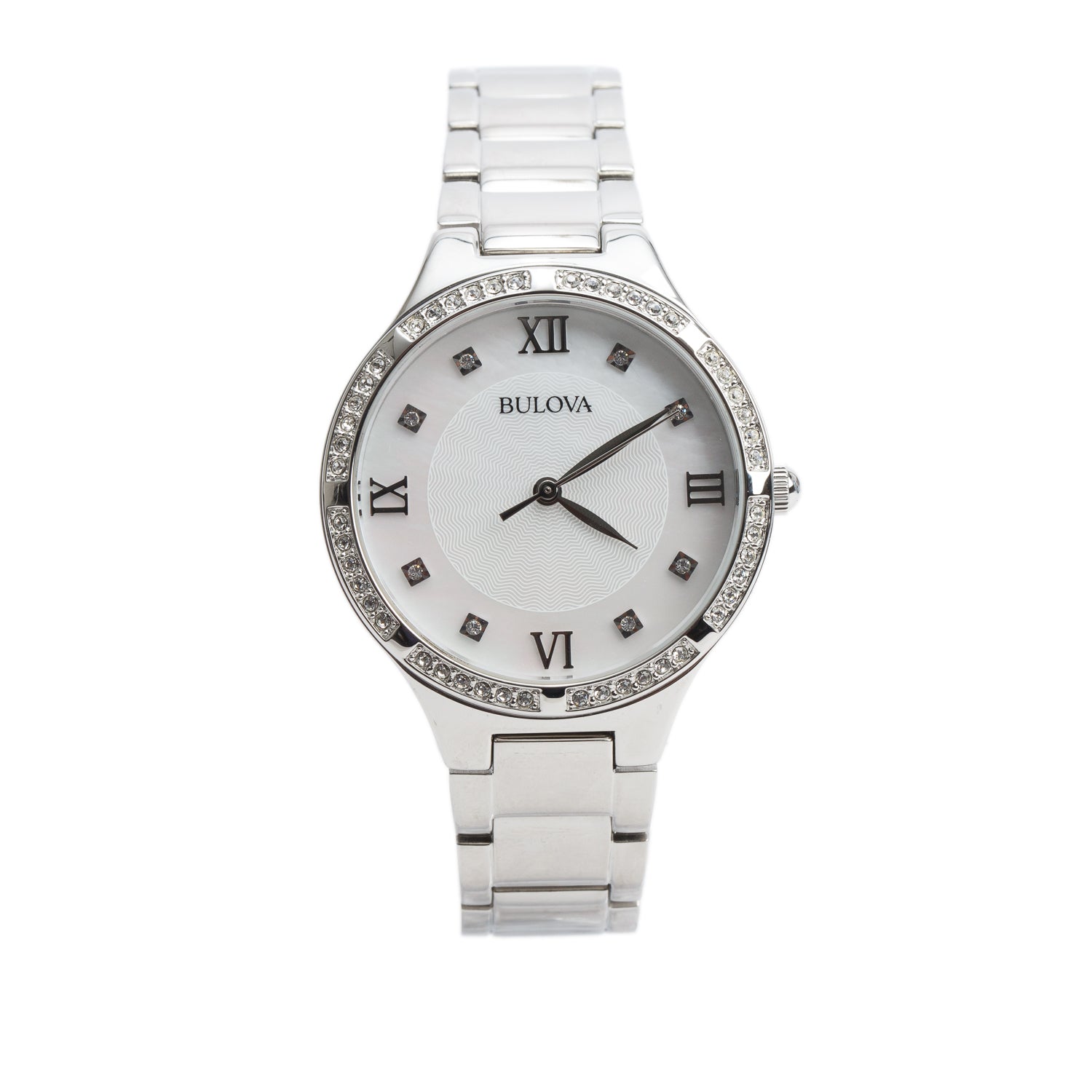 Bulova Stainless Steel Crystal Bezel Classic 34 MM Quartz Watch Crystal Mother of Pearl Dial 96L262