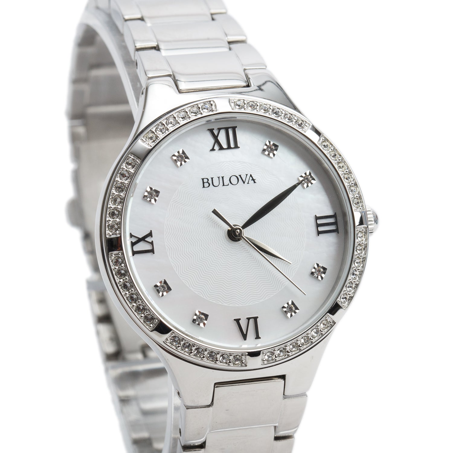 Bulova Stainless Steel Crystal Bezel Classic 34 MM Quartz Watch Crystal Mother of Pearl Dial 96L262