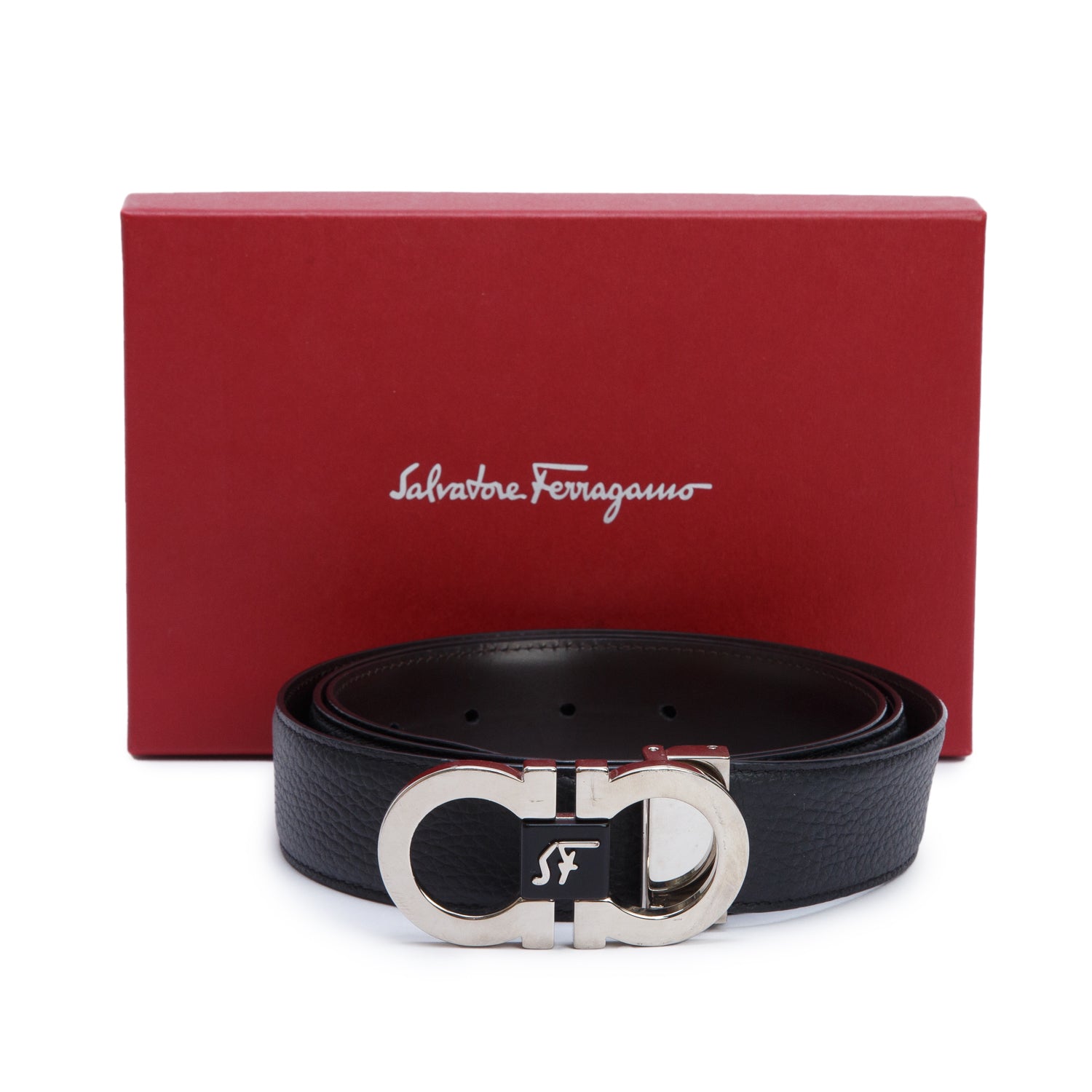 Ferragamo 2022 Black/Brown Calfskin Leather 35MM Reversible Adjustable Gancini Belt w/ Box