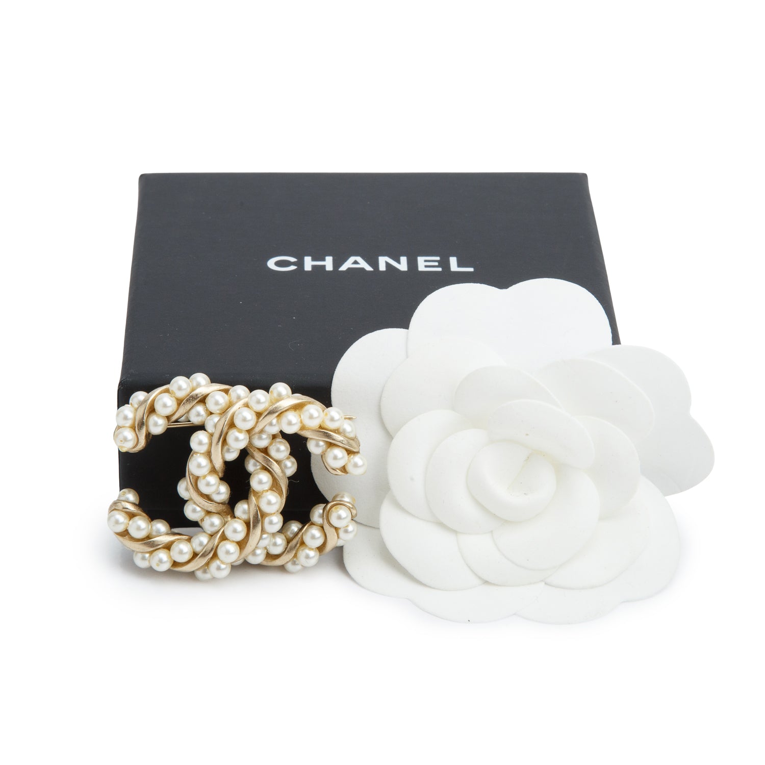 Chanel Gold Plated Faux Pearl & Strass CC Pin Brooch w/ Box & Receipt