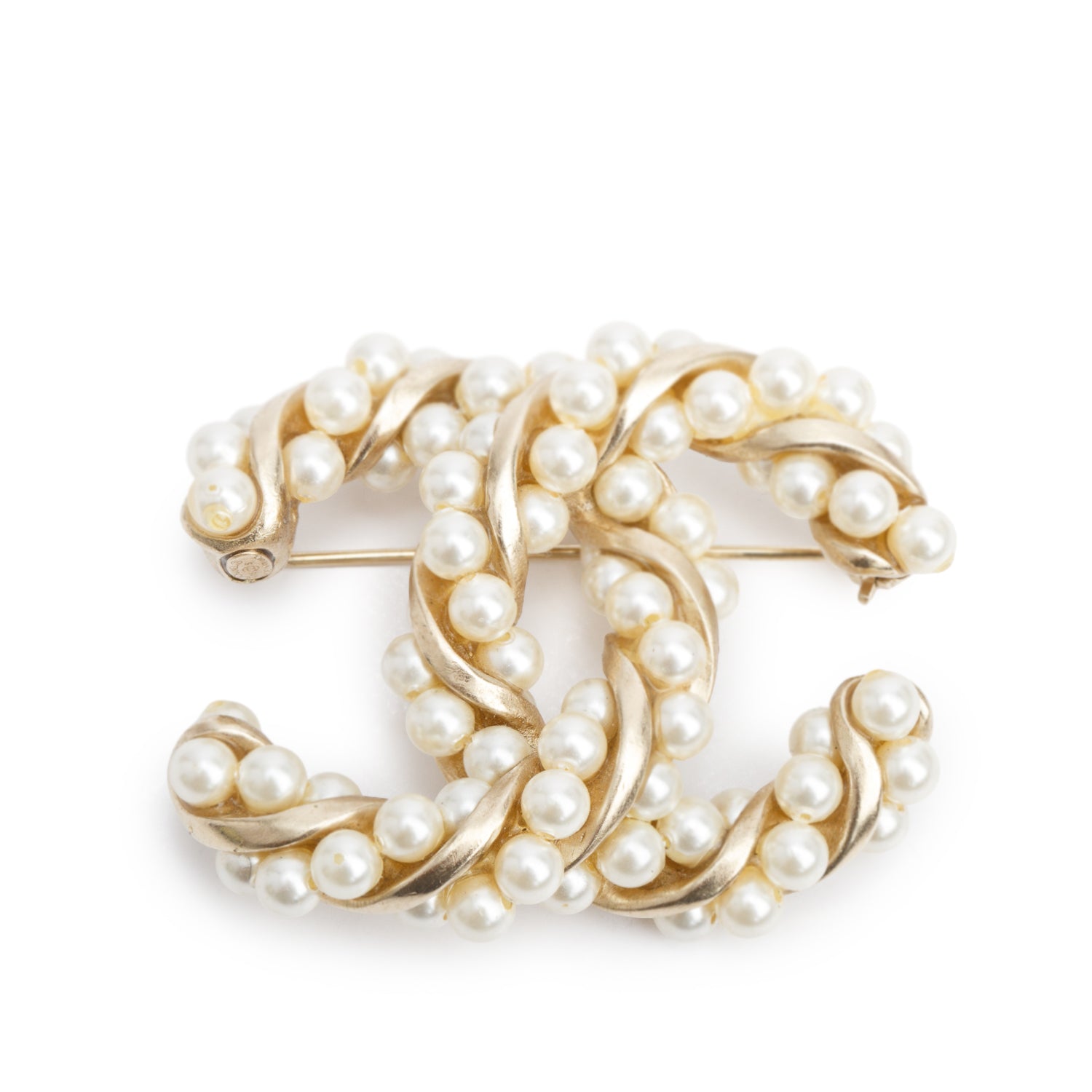 Chanel Gold Plated Faux Pearl & Strass CC Pin Brooch w/ Box & Receipt
