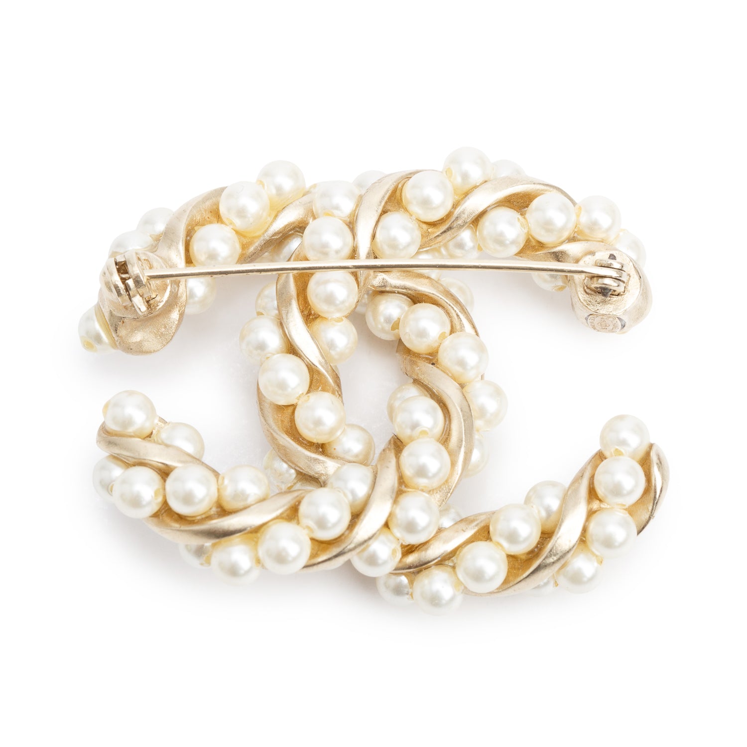 Chanel Gold Plated Faux Pearl & Strass CC Pin Brooch w/ Box & Receipt