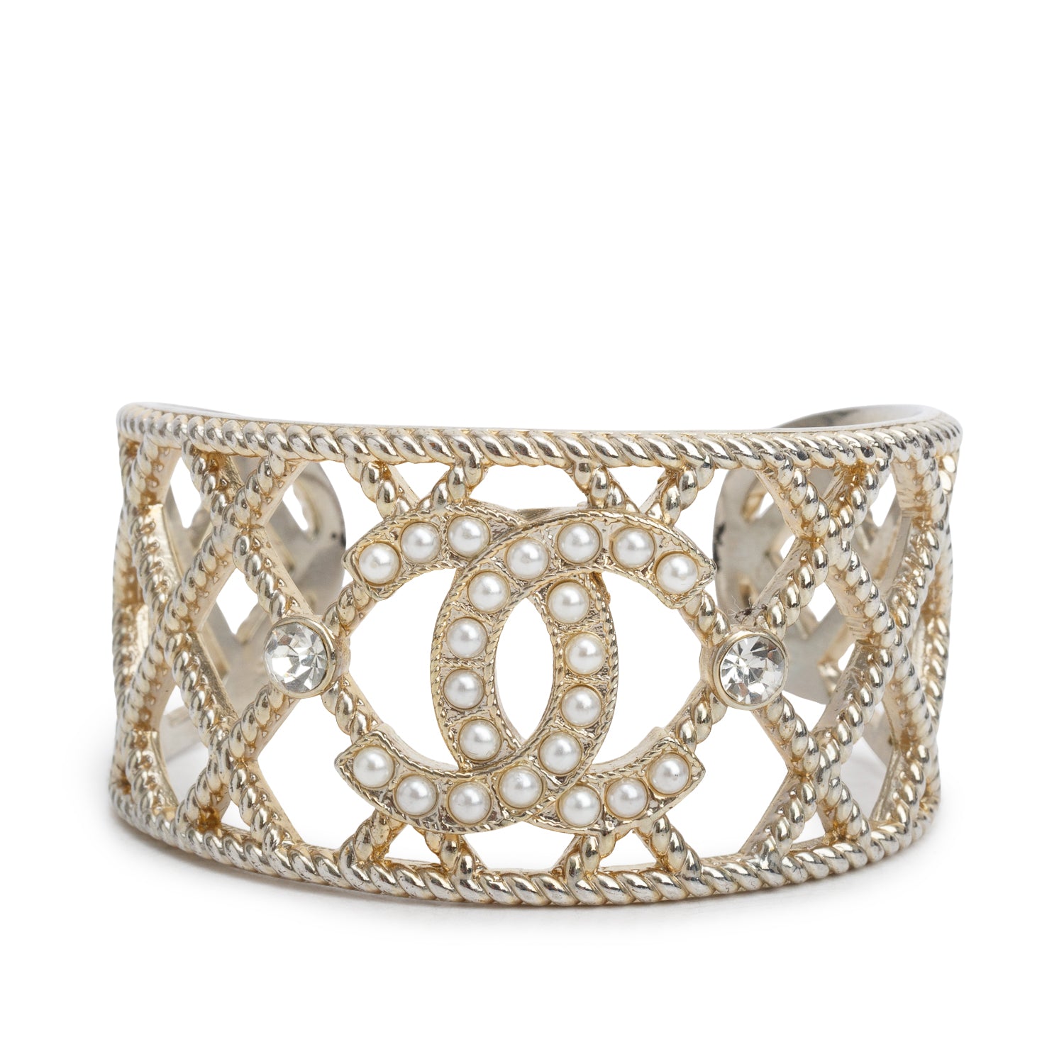 Chanel Gold Plated Faux Pearl Strass Cuff Bracelet w/ Box