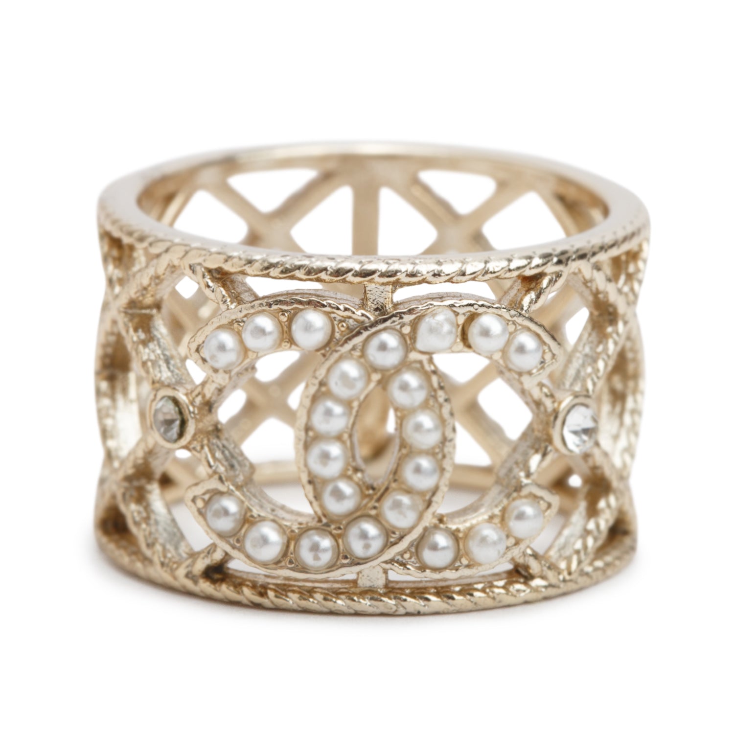 Chanel Gold Plated Faux Pearl & Strass CC Band Ring, Size 7.25
