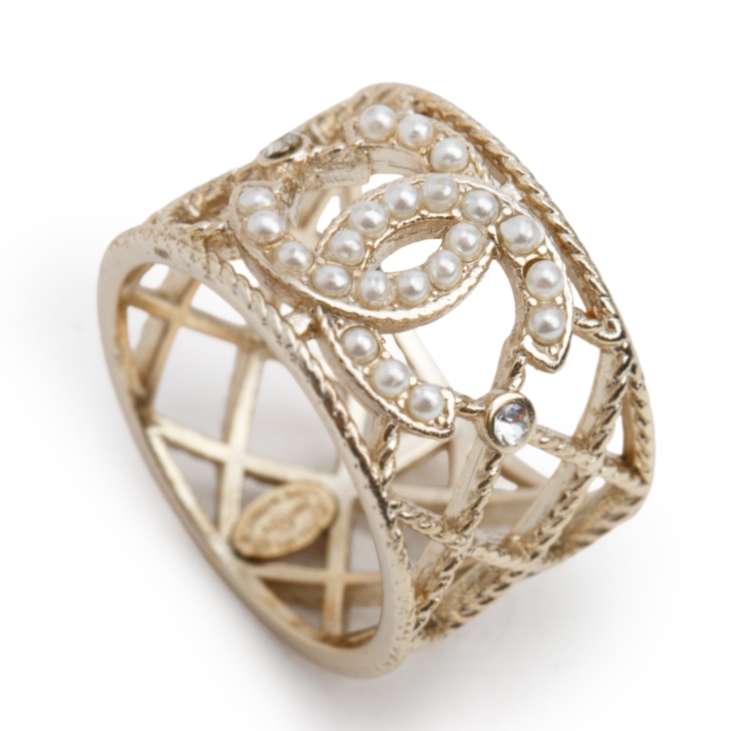 Chanel Gold Plated Faux Pearl & Strass CC Band Ring, Size 7.25