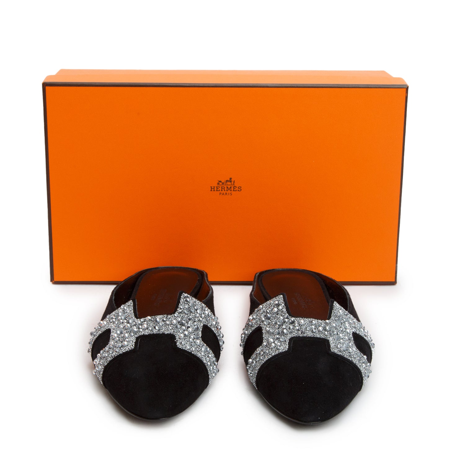 Hermes Noir Velvet Goatskin Crystal Roxane Mule Sandals, Women's Size 36.5 w/ Box
