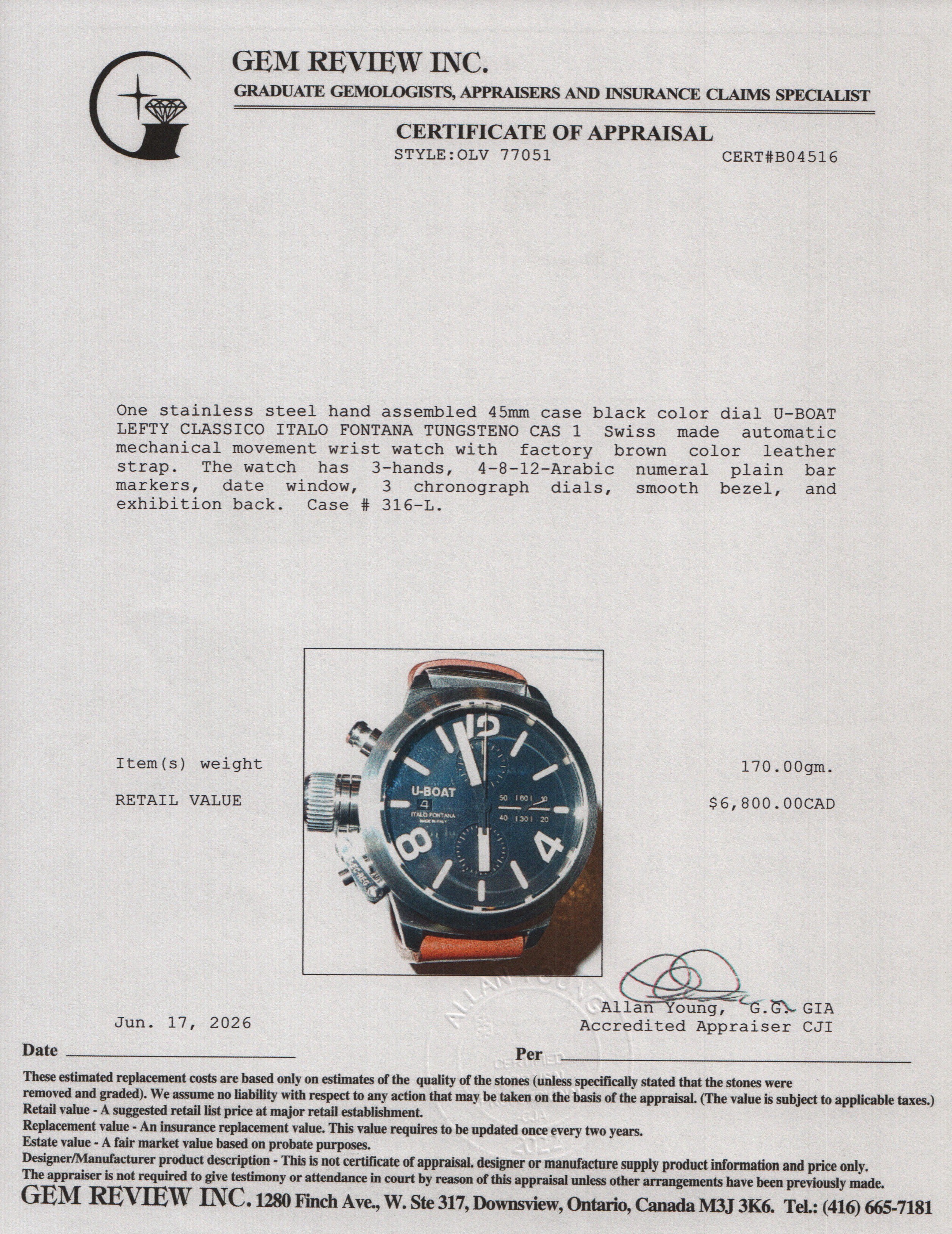 U-Boat Stainless Steel Lefty Classico Italo Fontana Tungsteno Cas 1 45 MM Automatic Watch
