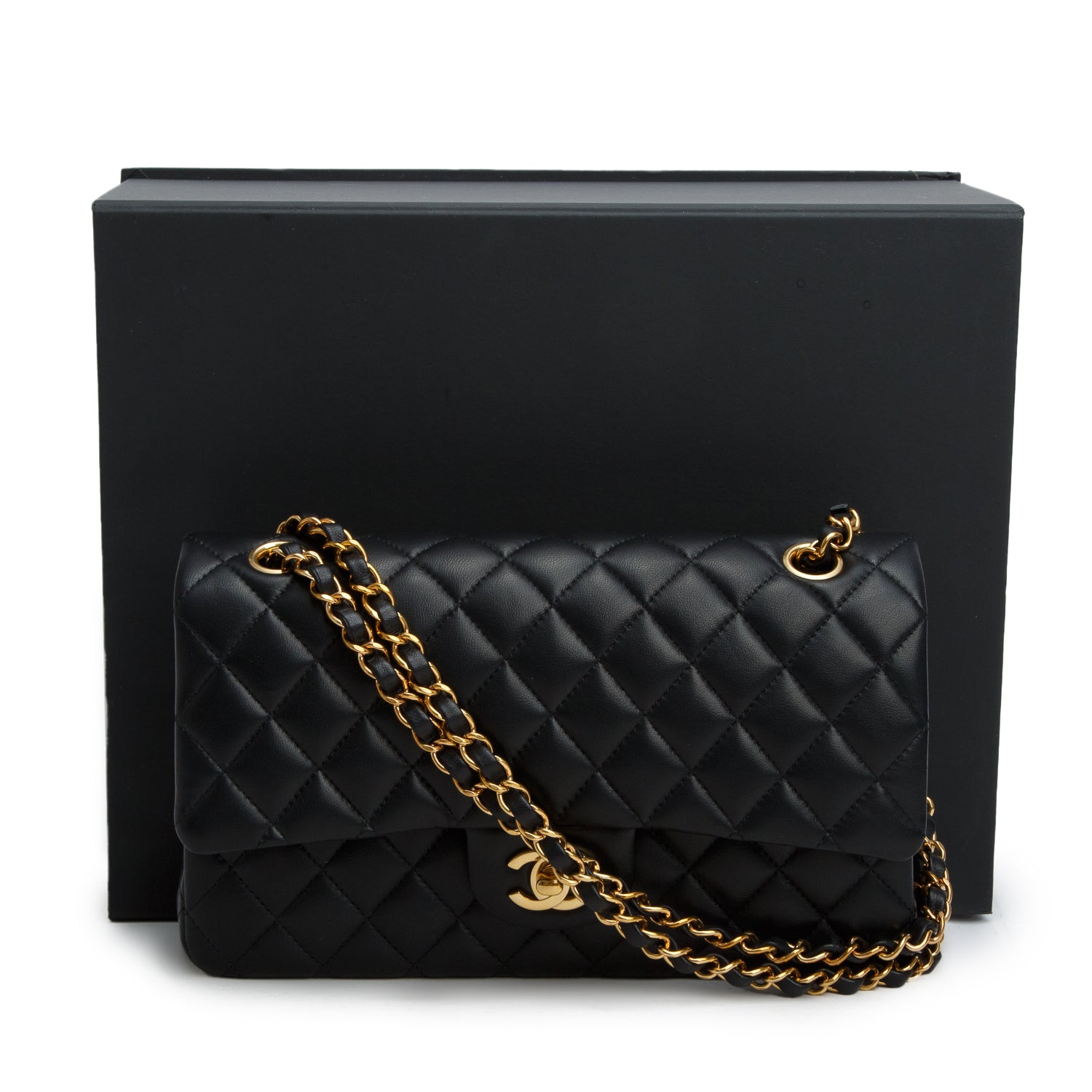 Chanel Black Quilted Lambskin Leather Classic Medium Double Flap Bag w/ Box