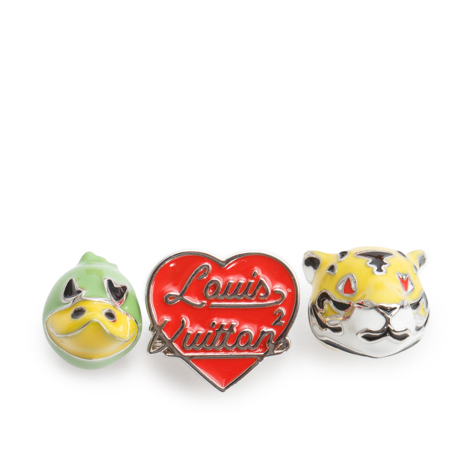 Louis Vuitton x Nigo 2021 Palladium Plated Enamel Duck, Tiger, Logo Set of 3 Stud Earrings w/ Box
