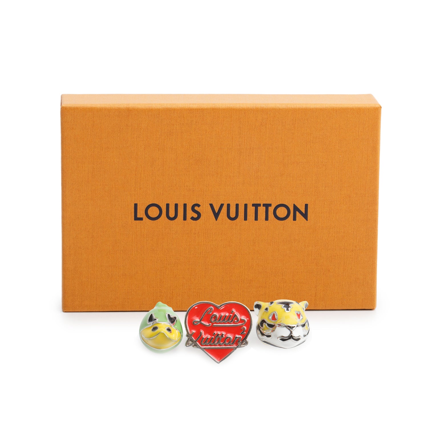 Louis Vuitton x Nigo 2021 Palladium Plated Enamel Duck, Tiger, Logo Set of 3 Stud Earrings w/ Box