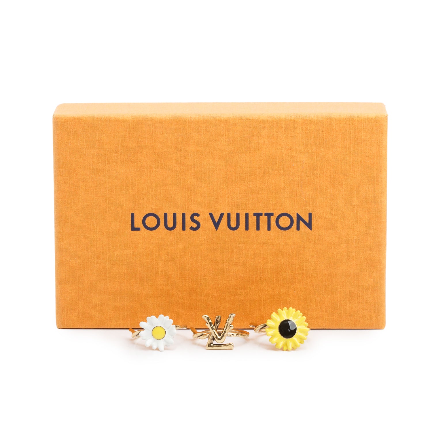 Louis Vuitton Gold-Tone Metal LV Garden Flower Three-Ring Set M, Size 9.5 w/ Box