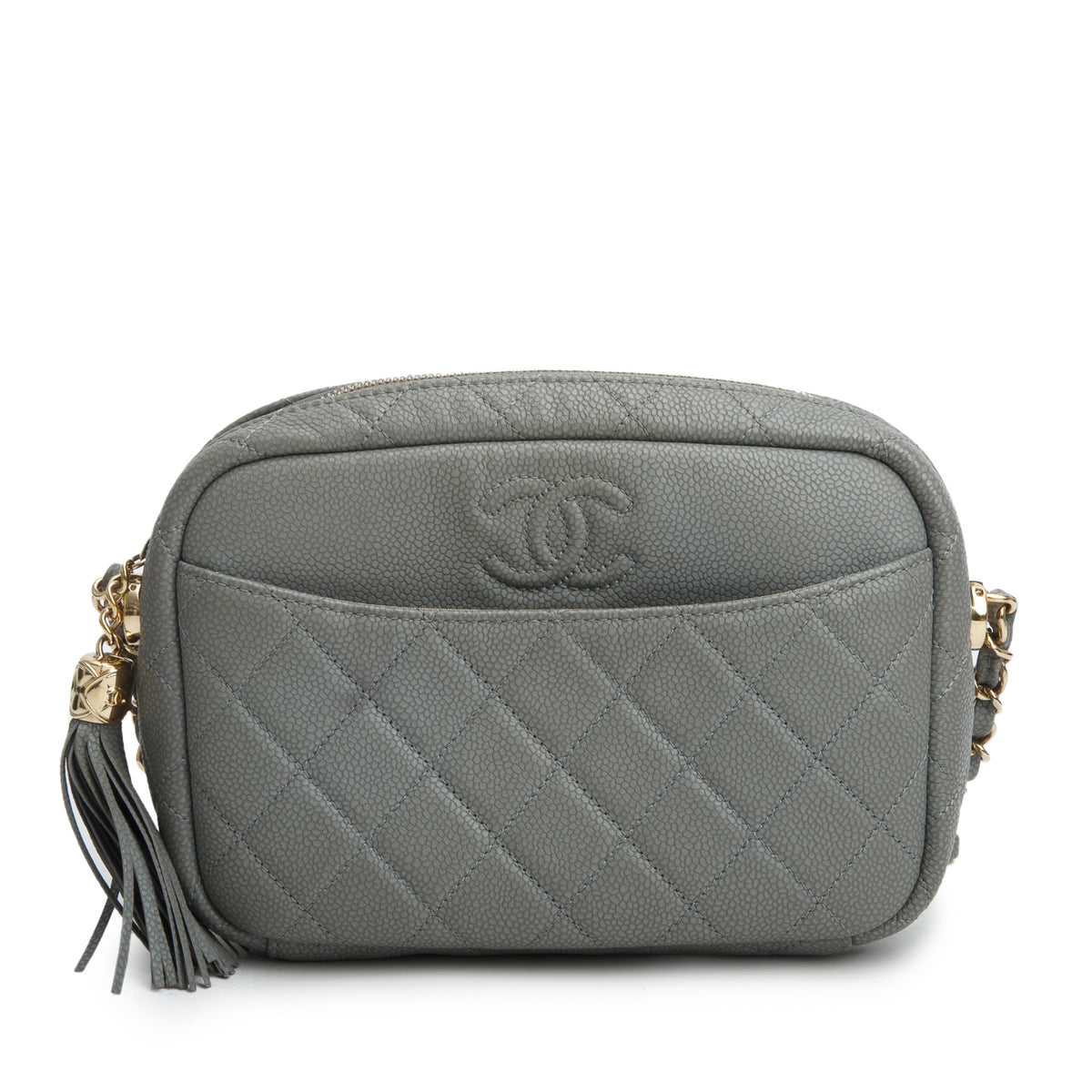 Chanel Grey Caviar Quilted Medium Coco Tassel Camera Bag w/ Box
