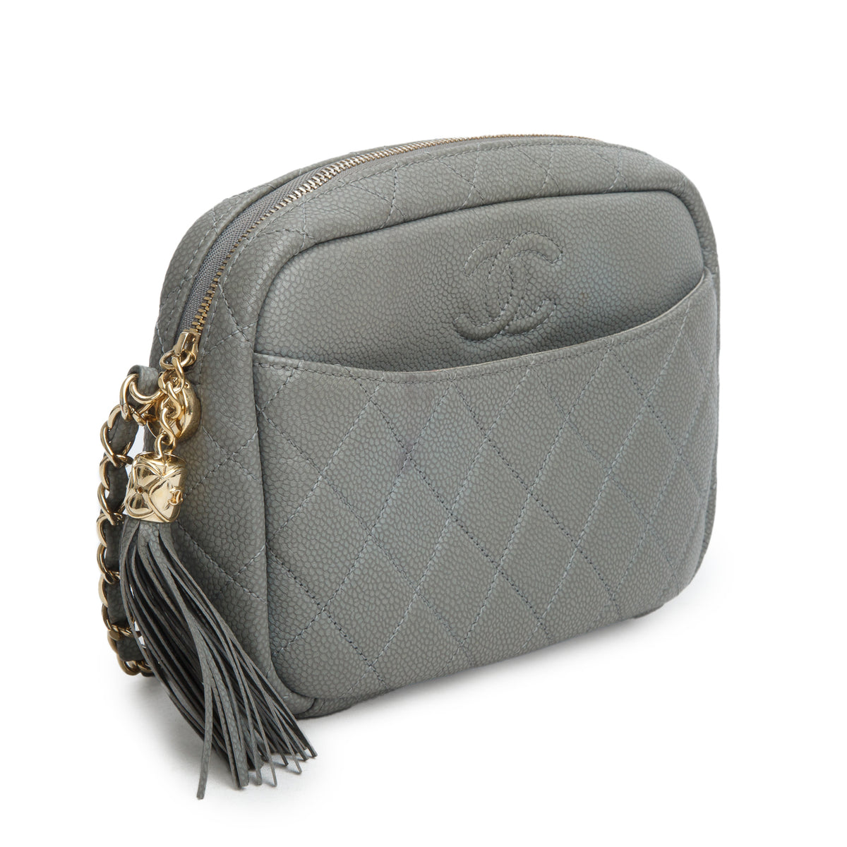 Chanel Grey Caviar Quilted Medium Coco Tassel Camera Bag w/ Box