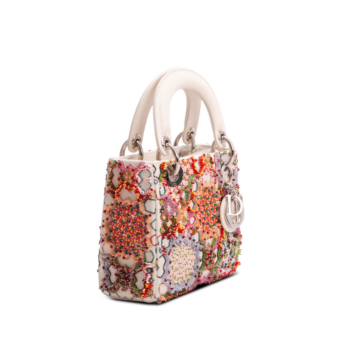 Christian Dior White Satin Beaded Floral Embroidered Mini Lady Dior Bag w/ Authenticity Card & Strap