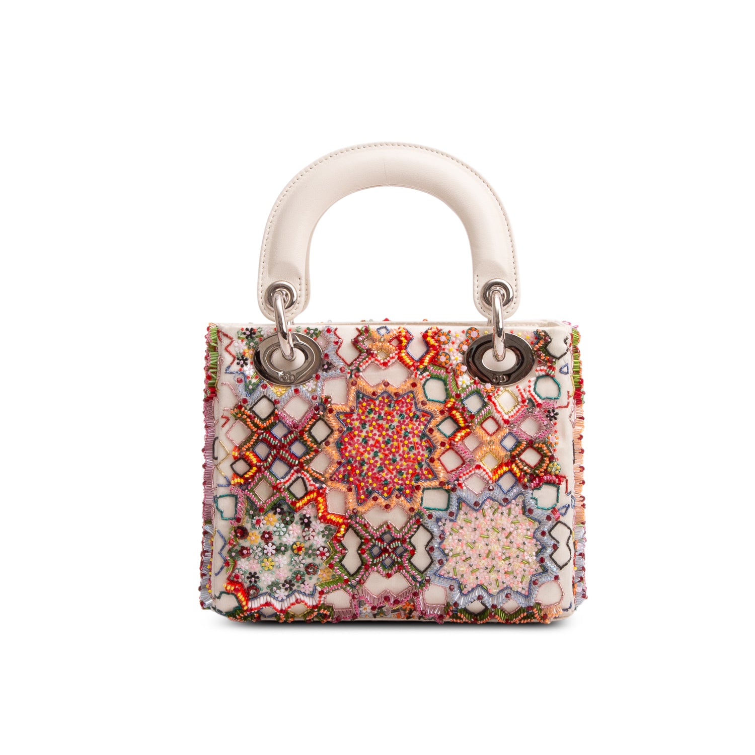 Christian Dior White Satin Beaded Floral Embroidered Mini Lady Dior Bag w/ Authenticity Card & Strap