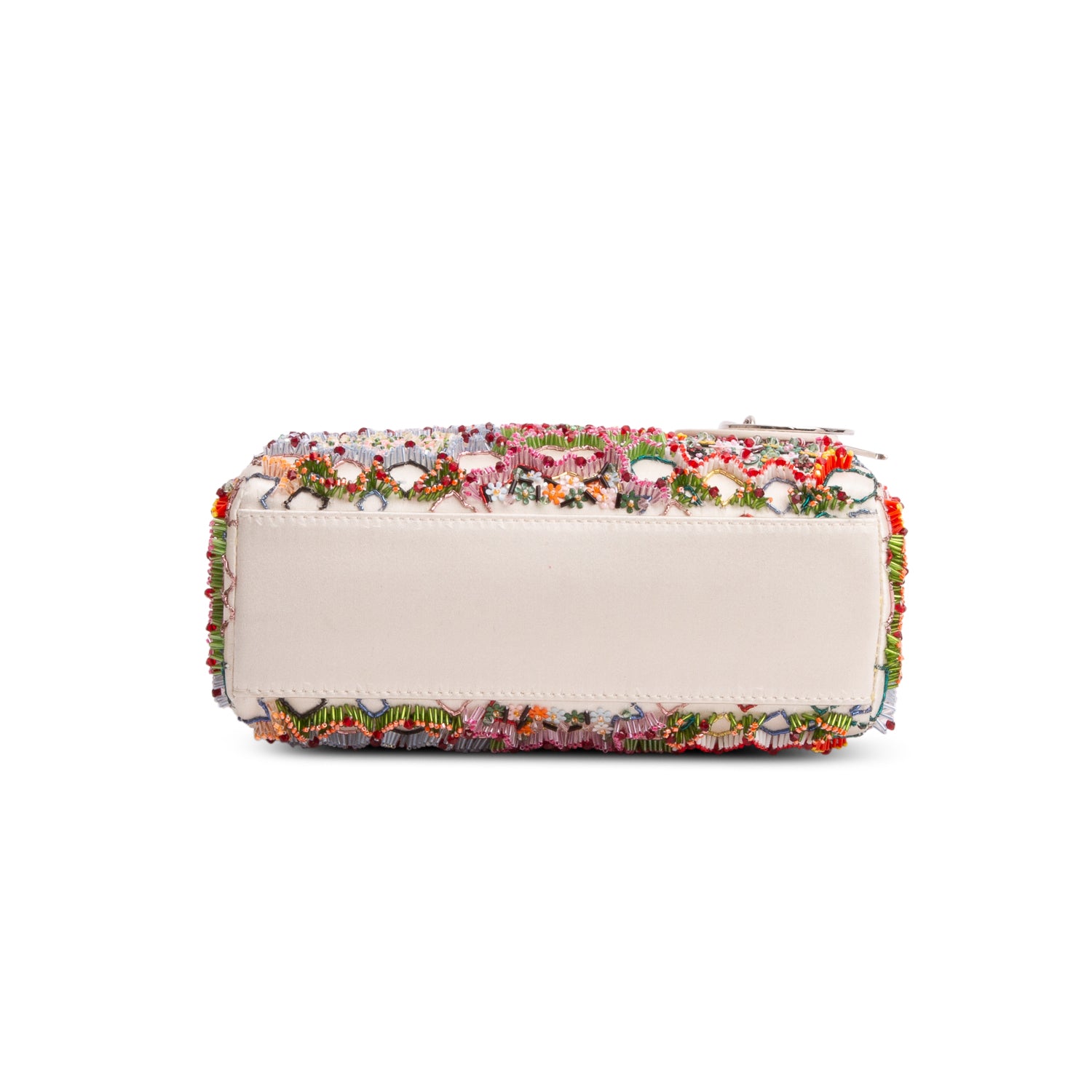 Christian Dior White Satin Beaded Floral Embroidered Mini Lady Dior Bag w/ Authenticity Card & Strap