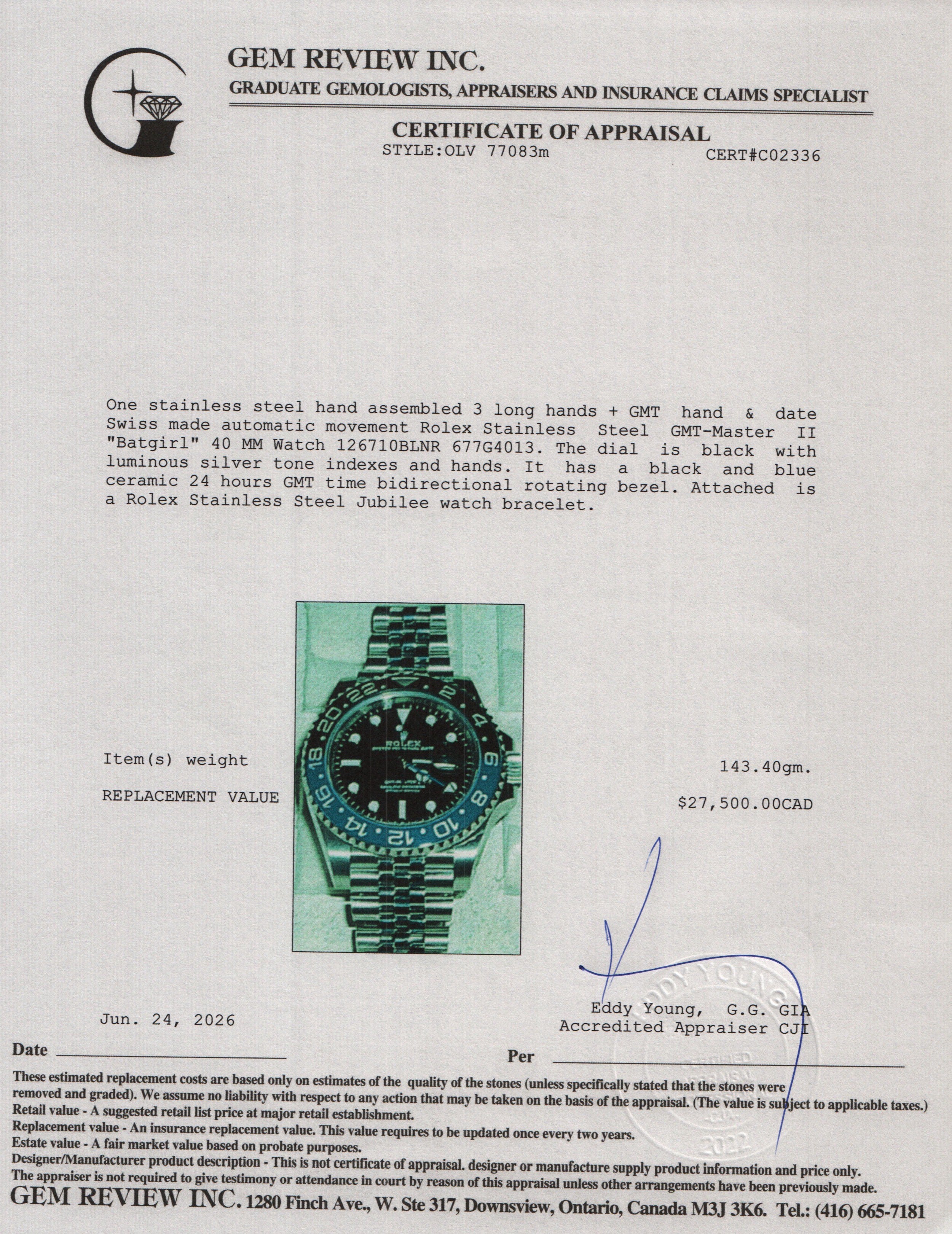 Rolex Stainless Steel GMT-Master II "Batgirl" 40 MM Watch 126710BLNR w/ Box & Papers
