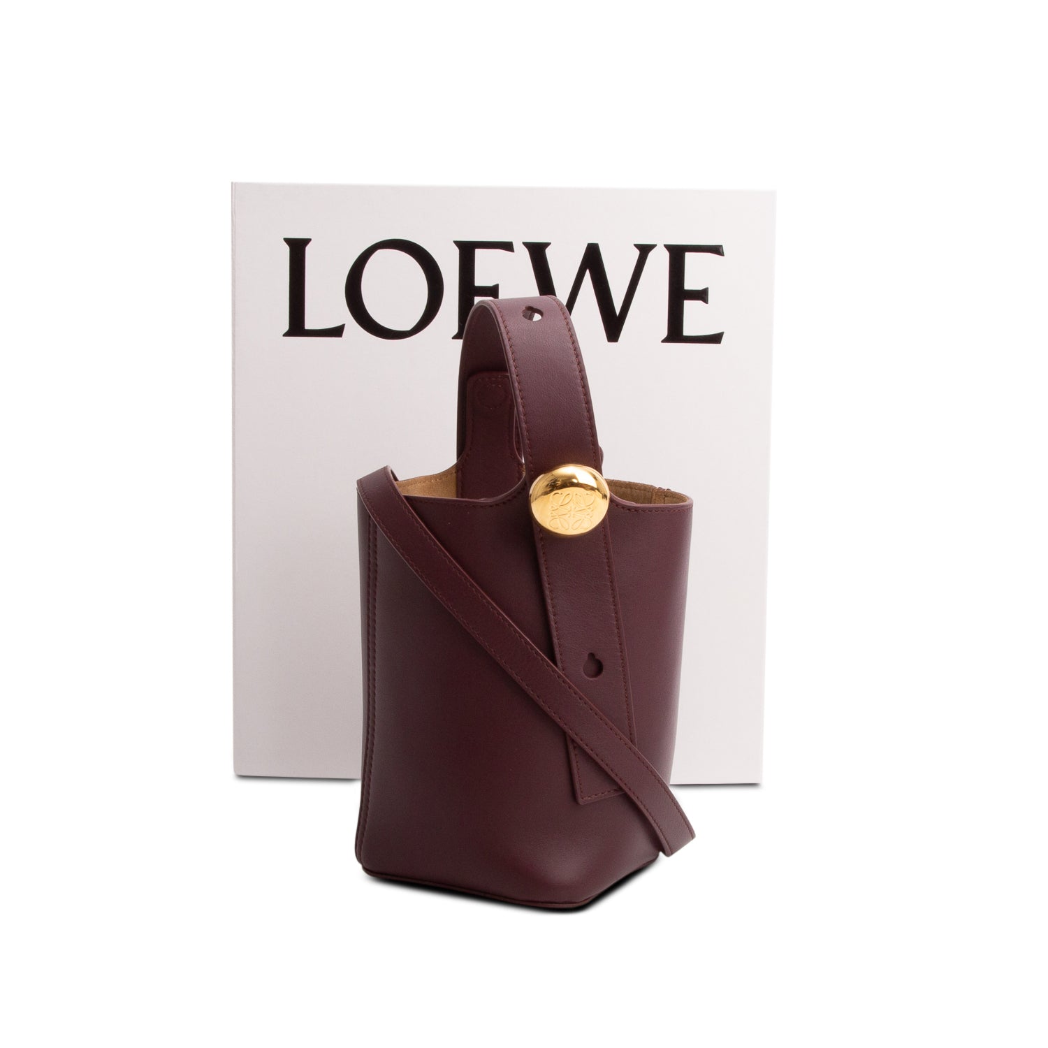Loewe Burgundy Smooth Calfskin Mini Pebble Bucket Bag w/ Box, Strap & Receipt