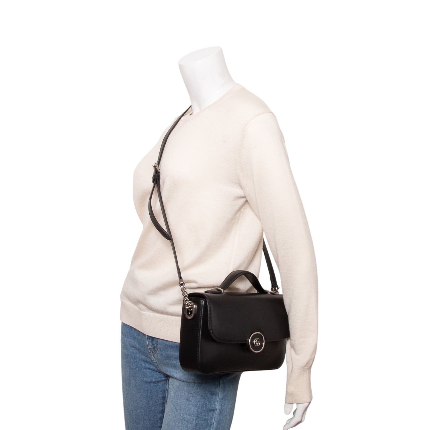 Gucci Black Senna Calfskin Petite GG Top Handle Shoulder Bag w/ Strap