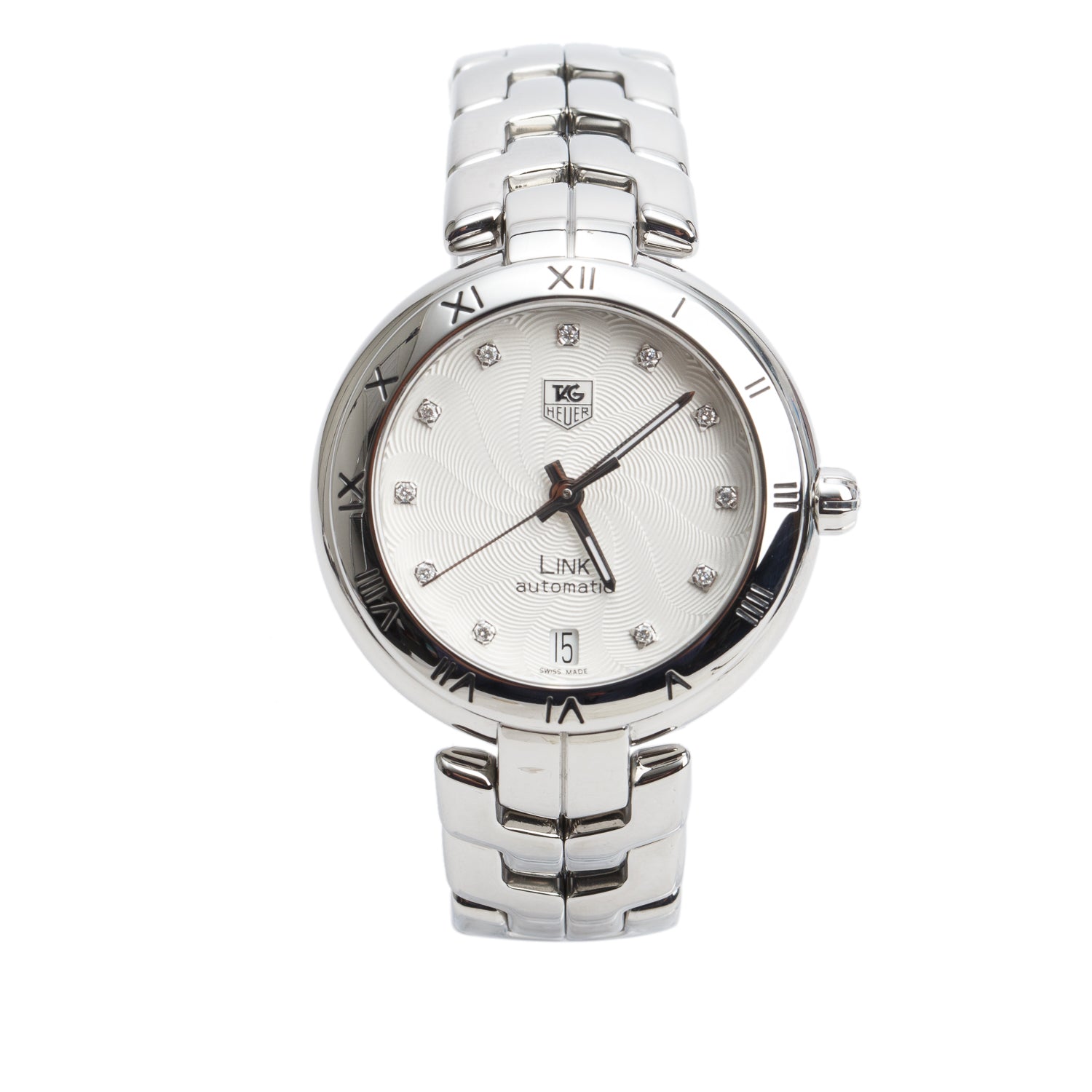 Tag Heuer Stainless Steel Link 35 MM Calibre 7 Automatic Watch Silver Diamond Dial WAT2311 w/ Papers