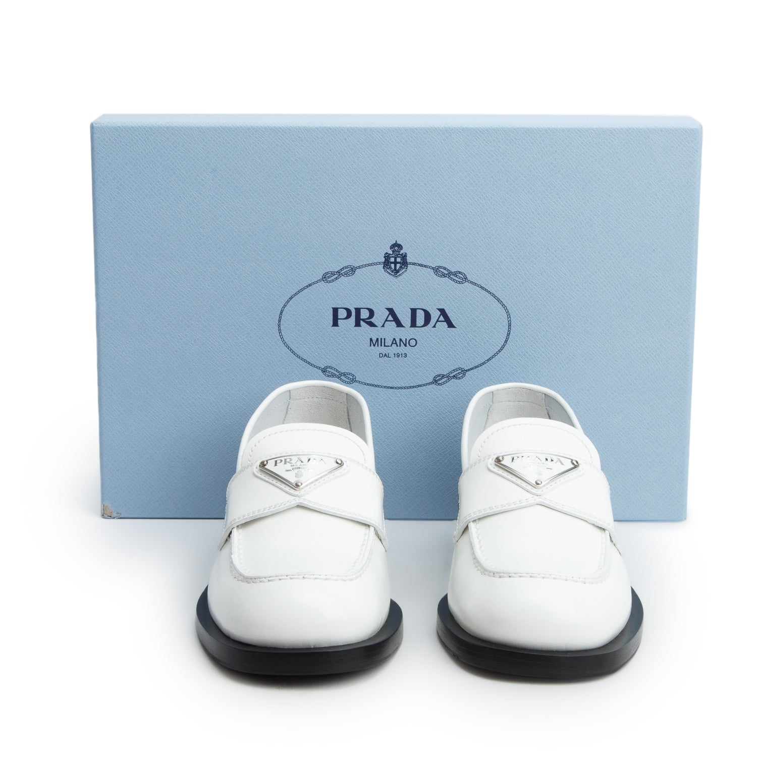 Prada White Brushed Calfskin Leather Metal Triangle Logo Loafers, Women's Size 35 w/ Box
